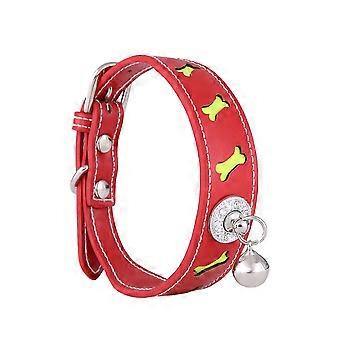 Bone Shape Pet Collar for Collar for Pet with Bell 1Pcs Red Adjustable PU