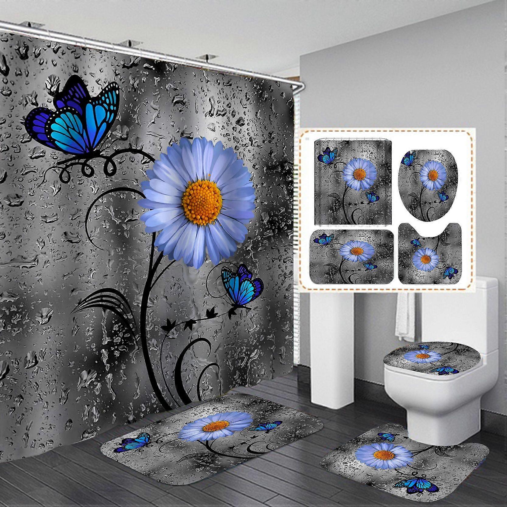 Blue Daisy Butterfly Waterproof 4 Pcs Shower Curtain Set