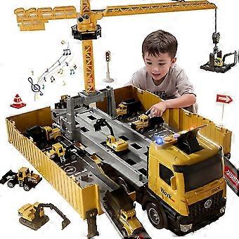 Carrier Truck Construction Toy Set for Kids 3-7 with Crane, Excavator, Bulldozer, Cement Mixer and Dump Trucks, Lights and Sounds, New S07
