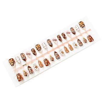 Christmas Gingerbread Man Tree Snowflake Polka Dot Press-On Nails, 30 pcs Almond False Nail Tips with Adhesive for Women and Girls