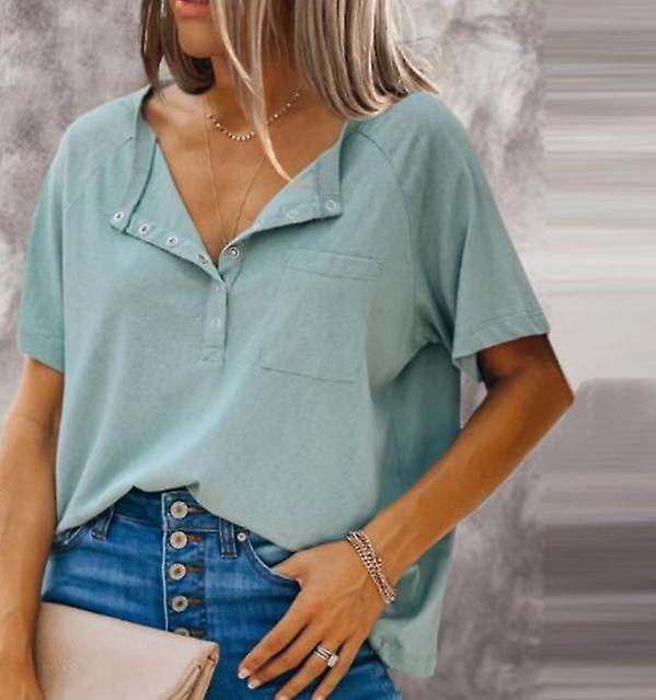 2022 Summer Women's Short-sleeved Loose Round Neck Button Solid Color T-shirt Top Tee