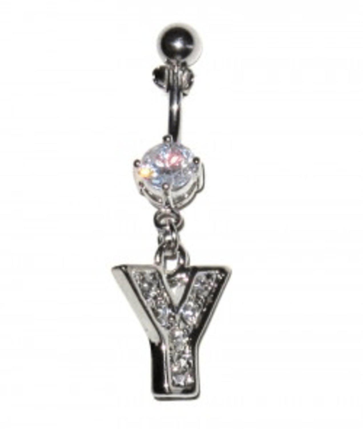 Navel Piercing With White Crystals - Letter Y