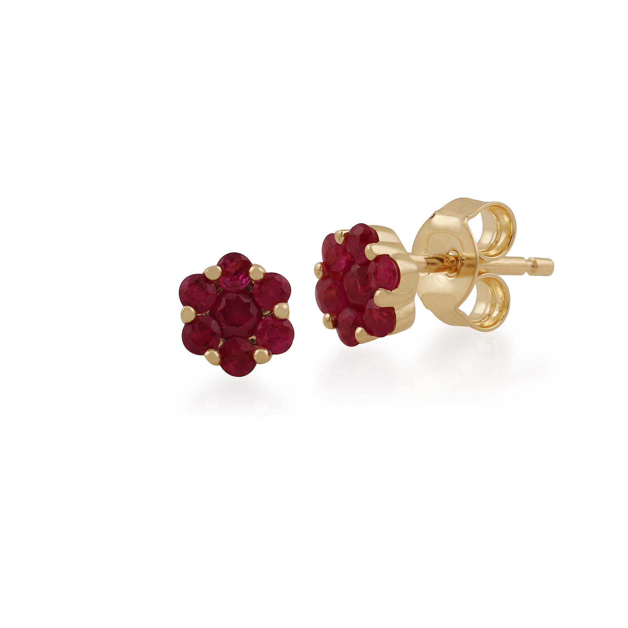 Floral Round Ruby Cluster Stud Earrings in 9ct Yellow Gold 145E0114149
