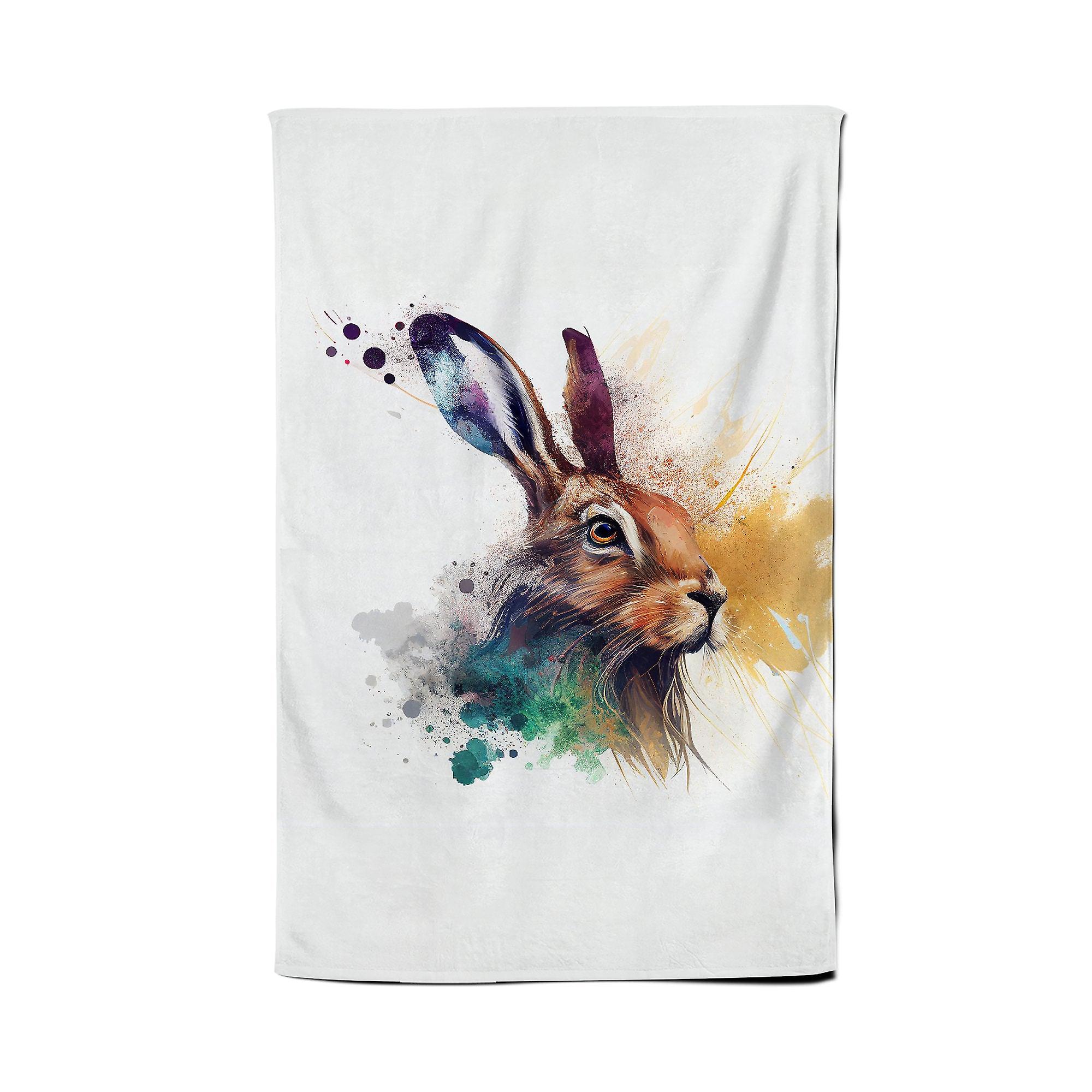 Hare Close Up Splashart Tea Towel