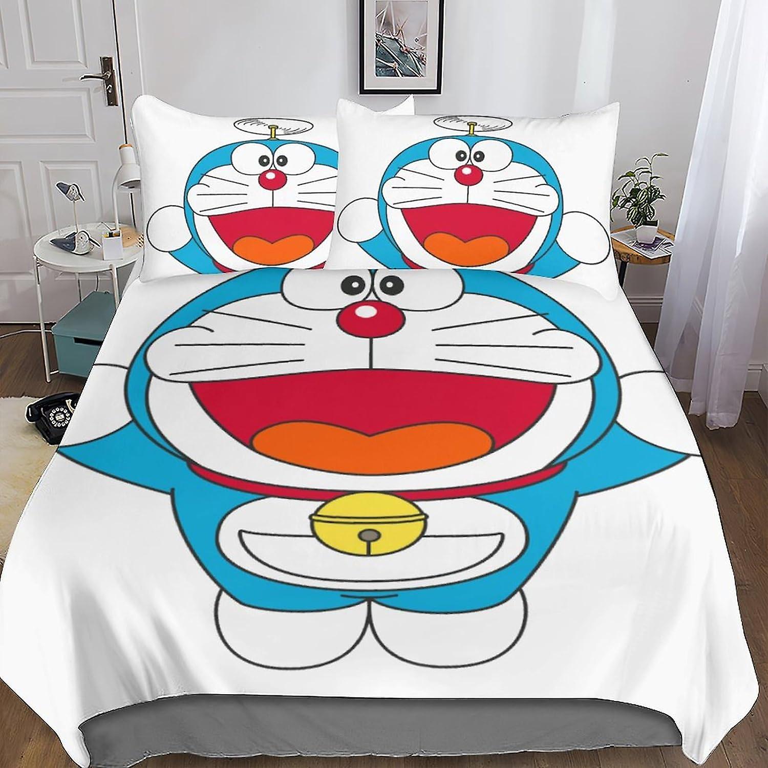 VCLUST Doraemon Poszwa na kołdrę Zestaw pościeli, 3D Śliczna poszewka na kołdrę anime z poszewkami na poduszki, do miękkiej poszewki na kołdrę z mikrofibry z zamknięciem na zamek błyskawiczny 3-częściowy zestaw