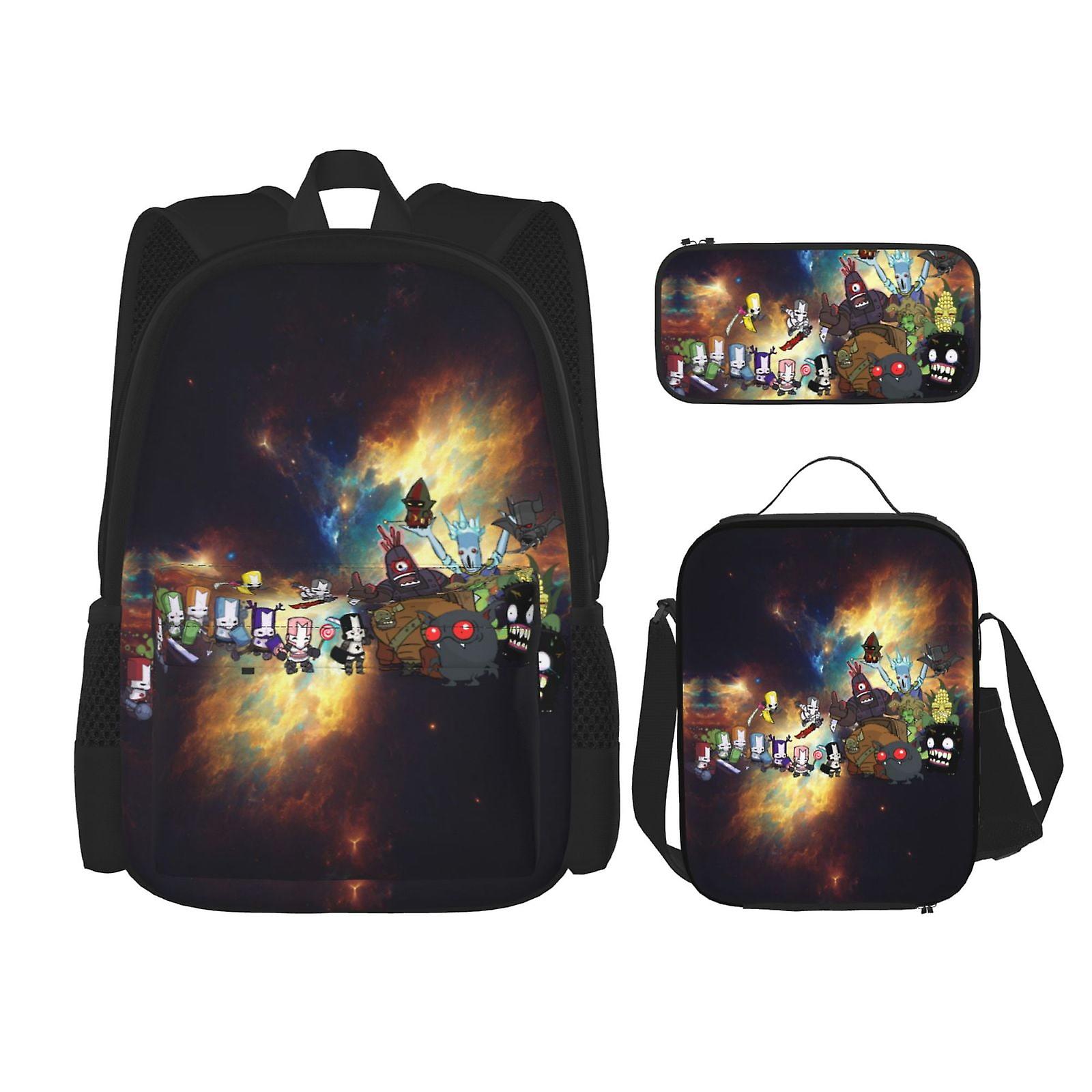 Castle Crashers السفر التخييم العمل حقيبة ظهر الأساسية Daypack لطيف أنيمي حقائب دفتر مجموعة 3 قطع حقيبة ظهر مع صندوق غداء حقيبة القلم