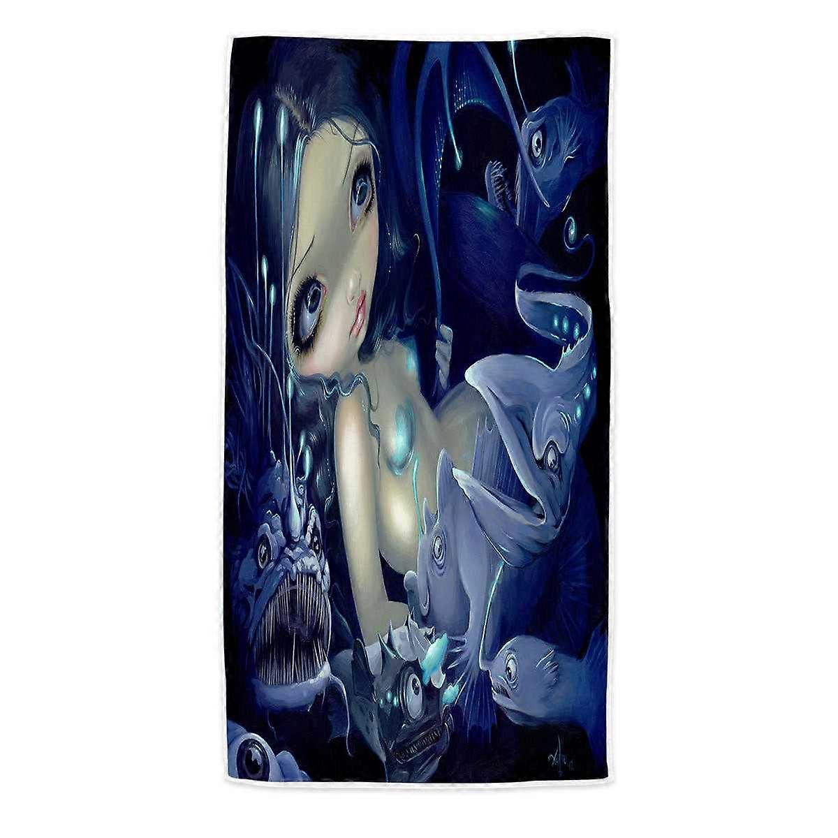 In the Abyss Scary Underwater Art Fish and Mermaid Microfiber Beach Towel
