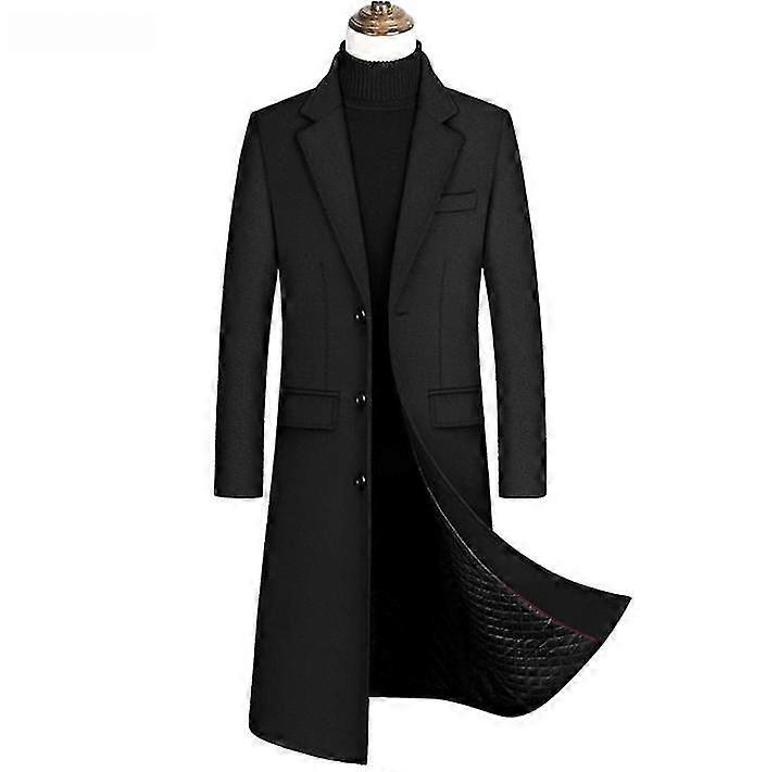 Mens Business Casual Style Slim-fit Single-breasted Long Lapel Solid Color Coat With Thicker Lining, Suitable For Winter