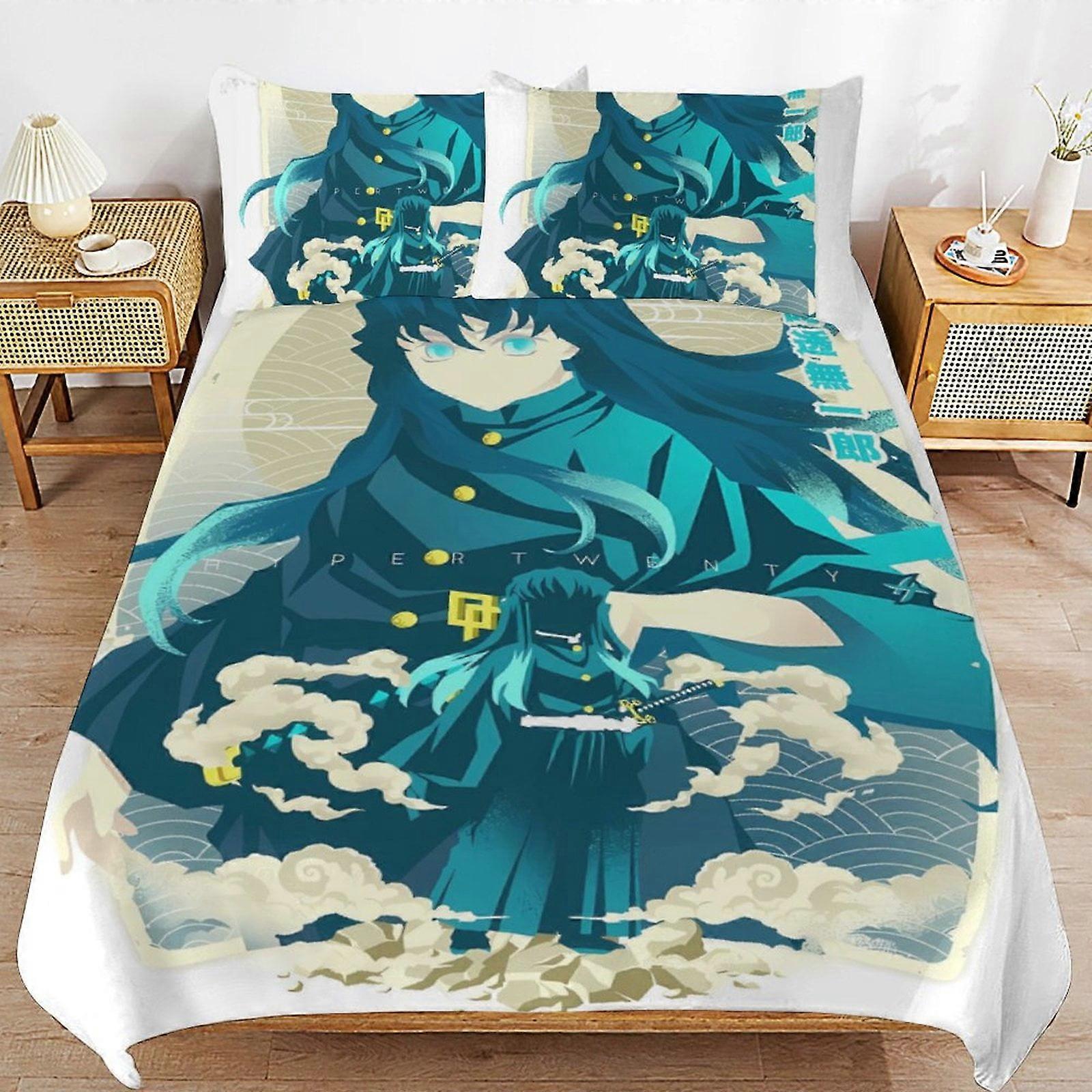d12 Muichiro Tokito السرير غطاء لحاف ستوكات الفراش مجموعات 3D المطبوعة خفيفة الوزن 3 قطعة مجموعات المعزي ، 1 غطاء لحاف و 2 وسادة شمس للأطفال ب