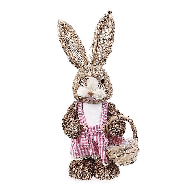 14" Artificial Straw Bunny Standing Rabbit with Carrot Home Garden Decoration