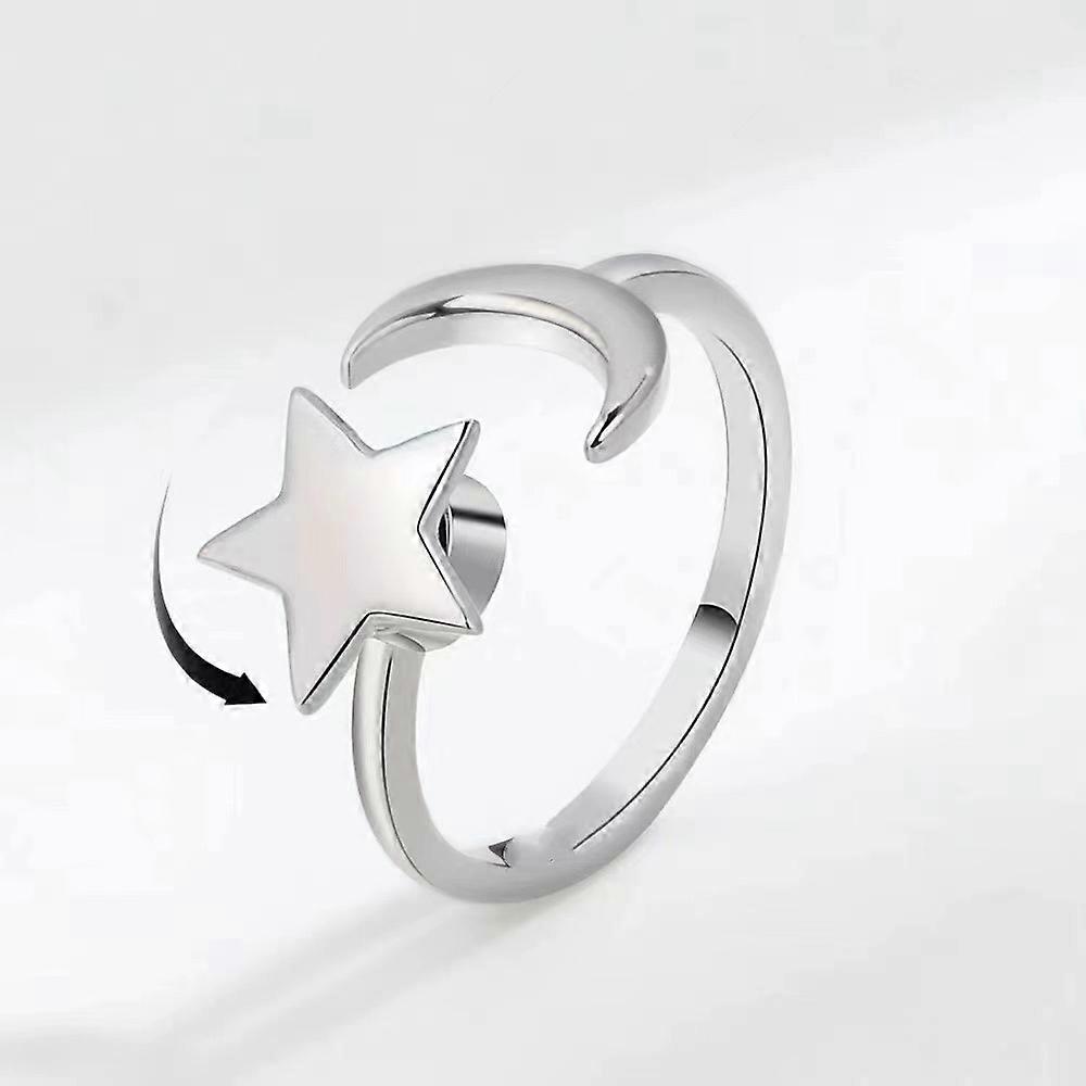 Adjustable Ring for Women, Moon and Star, Silver, Fits Ring