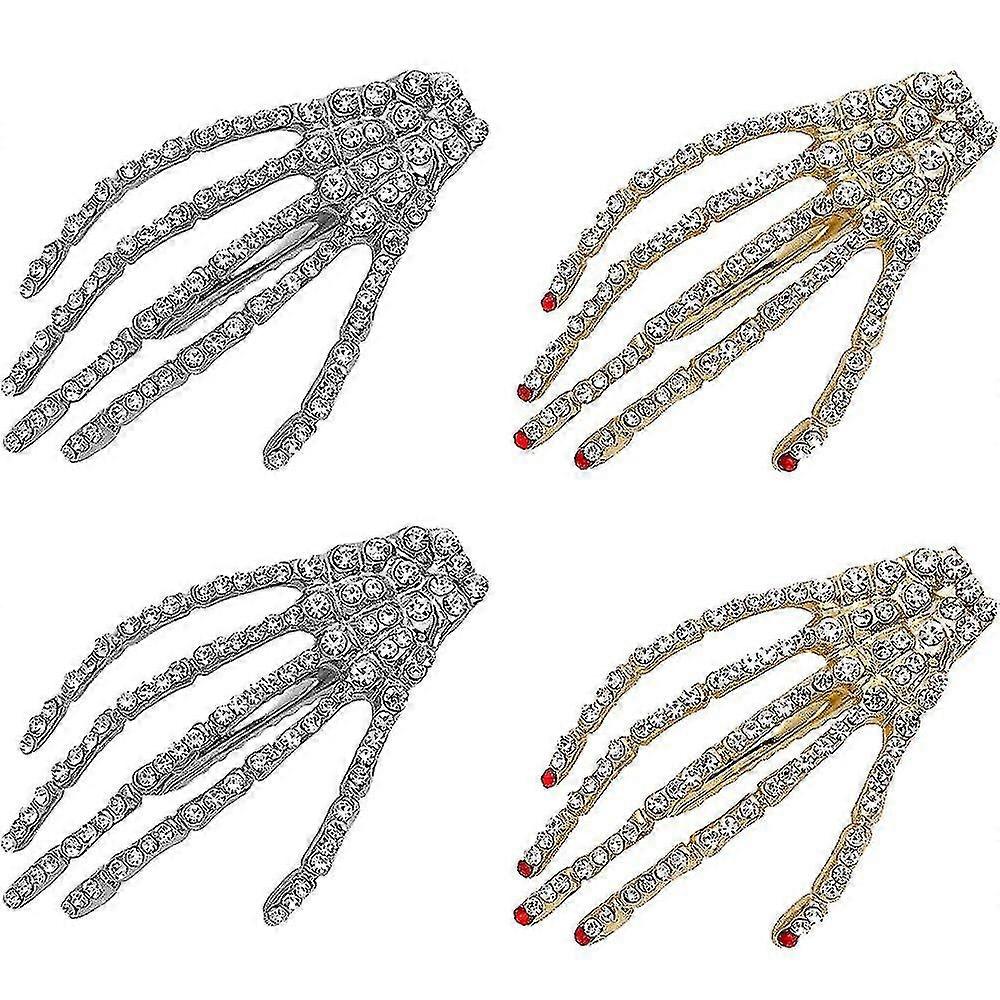 4pcs Crystal Skeleton Hands Bone Hair Clips