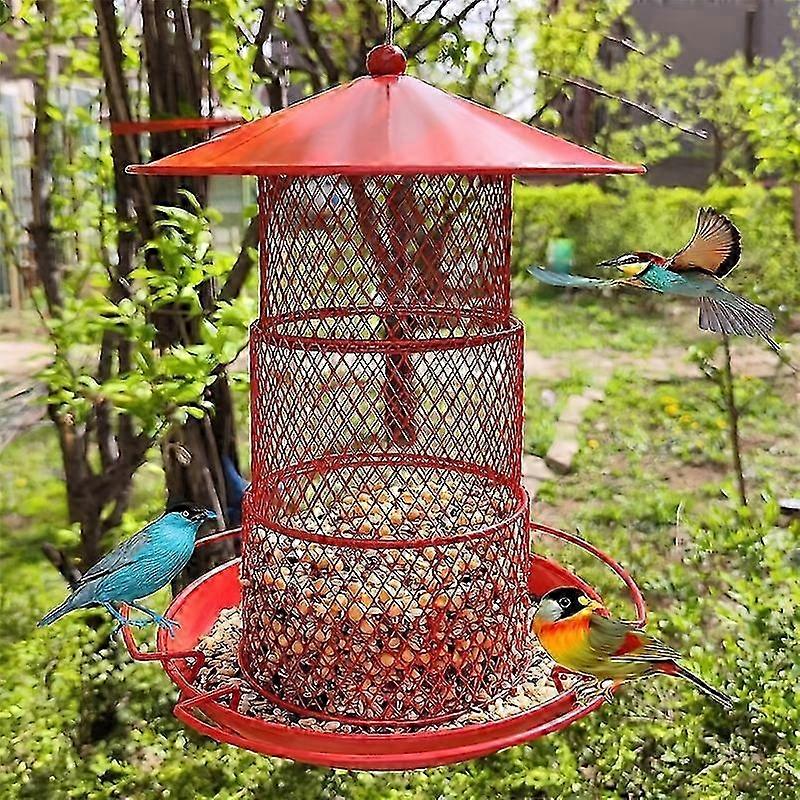 Red Metal Wild Bird Hopper Feeder with 3 Perches for Outdoor Hanging, Large Capacity 6 lbs Seed Garden Bird Feeder for Sparrows, Durable and Weatherpr