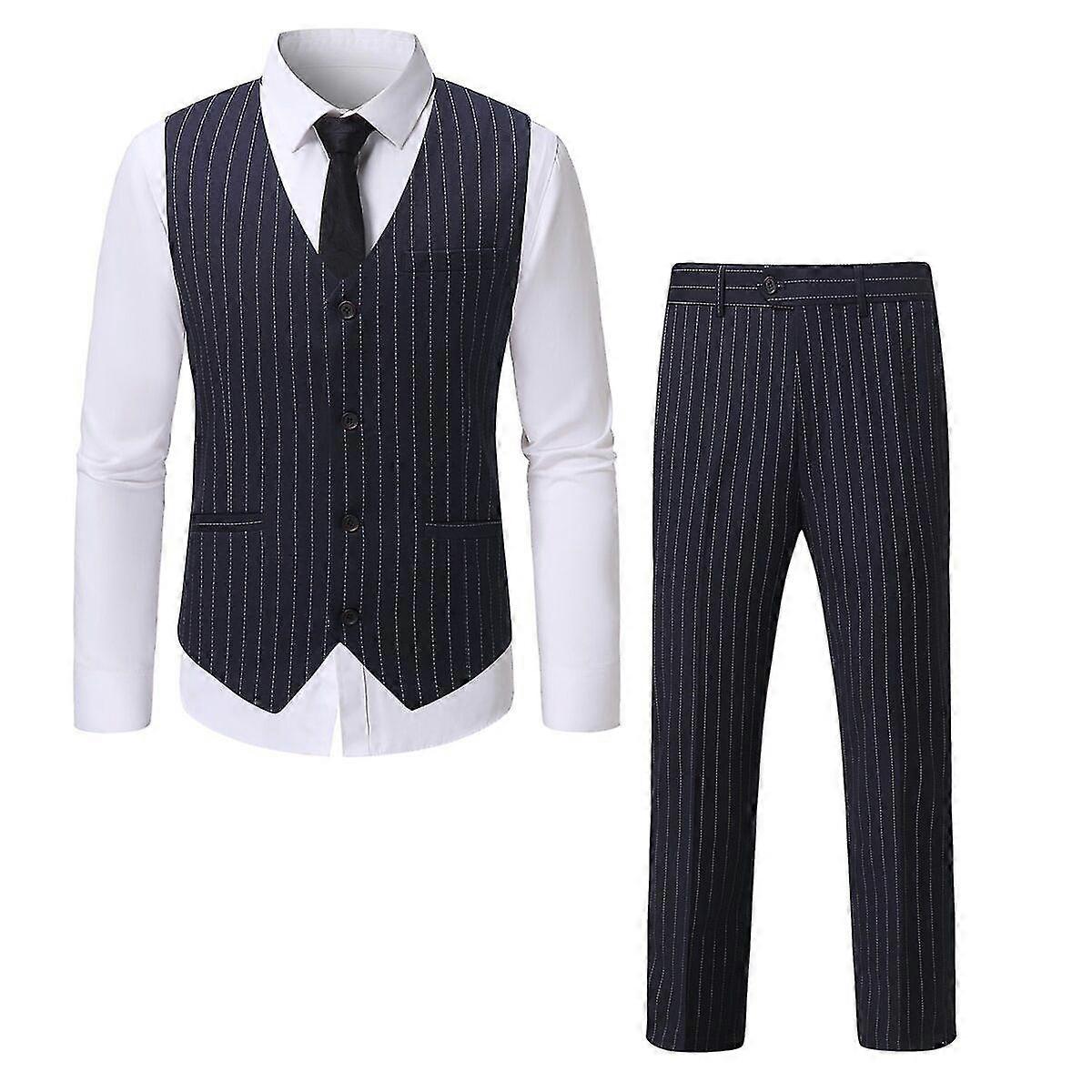 VAWAN Men's Wedding Suit Vest and Pants, 2-Piece Stripe Slim Fit Business Suit