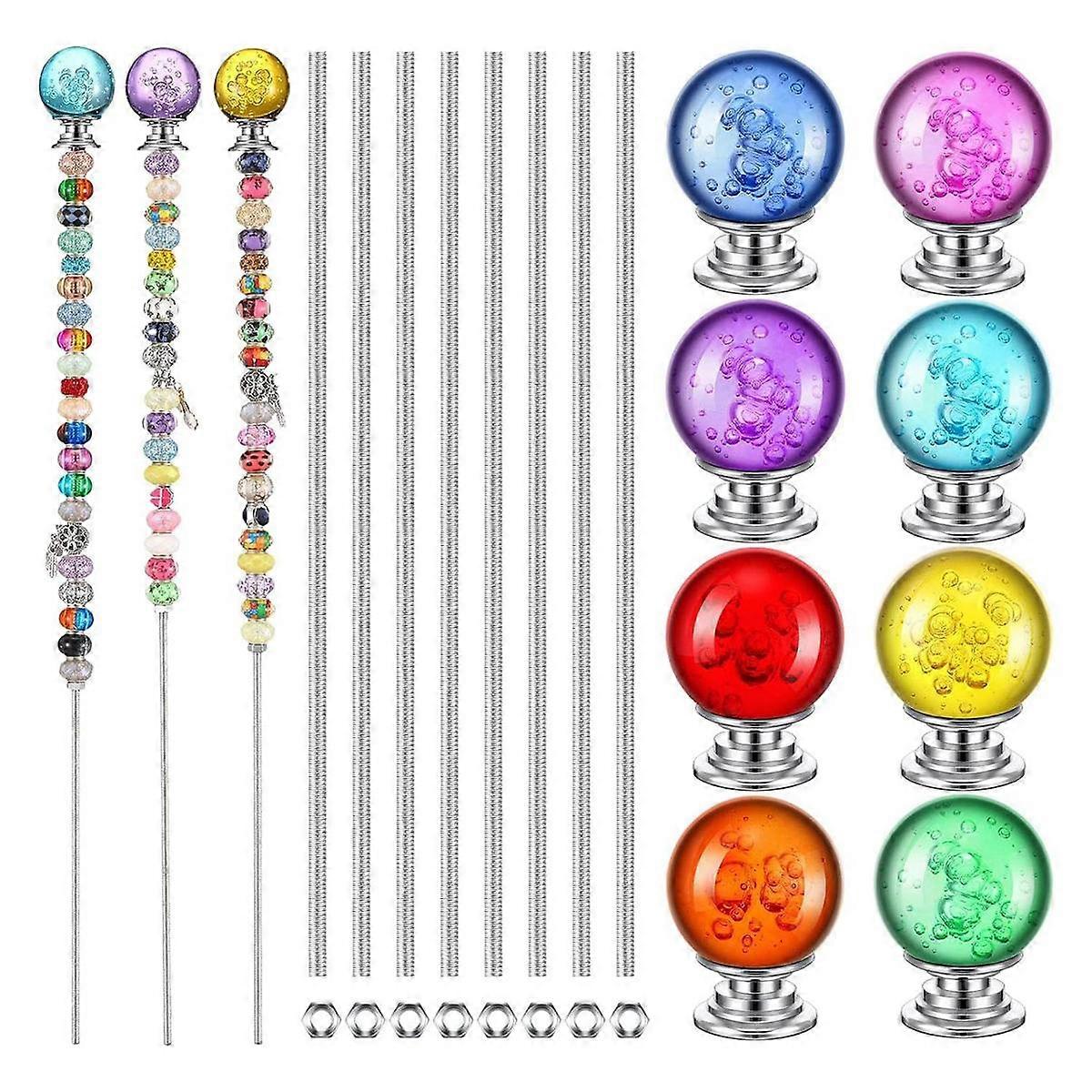 DIY Garden Beaded Stakes Wands Kit Include 8 Pcs 8/32 Inch 12 Inch Threaded Rods, 8 Pcs Hex Nuts and 8 Diamond Stopper