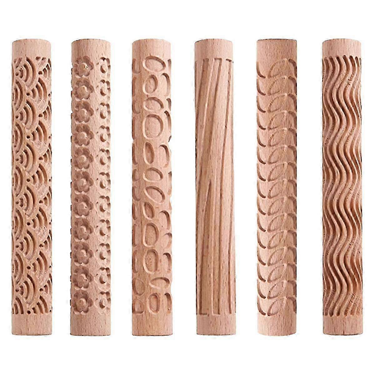 6pcs Clay Modeling Pattern Rollers, Texture Rollers For Clay Wooden Handle Pottery Tools Stars Wood Wave