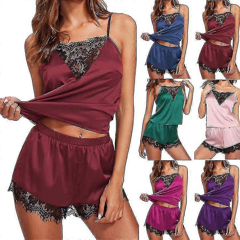 Kvinnor Satin Siden Spets Underkläder Cami Väst Shorts Pyjamas Set Sovkläder-