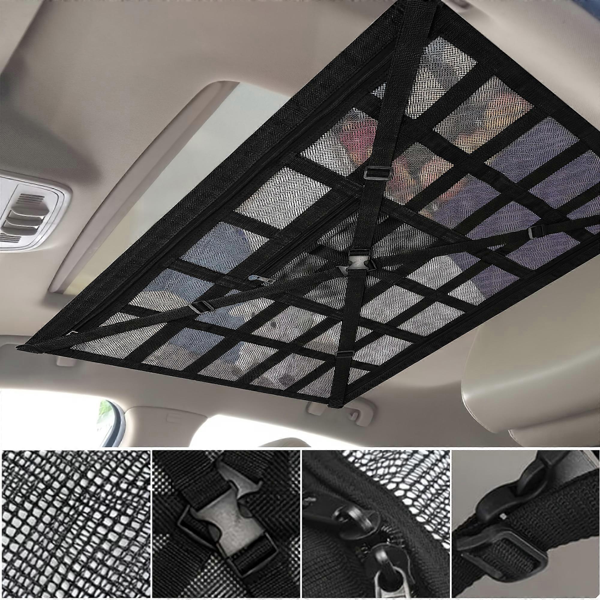 Car Ceiling Cargo Net Pocket, Adjustable Cross Strap Strengthen Load Car Ceiling Storage Net, Double Layer Mesh Car Organizer With Zipper