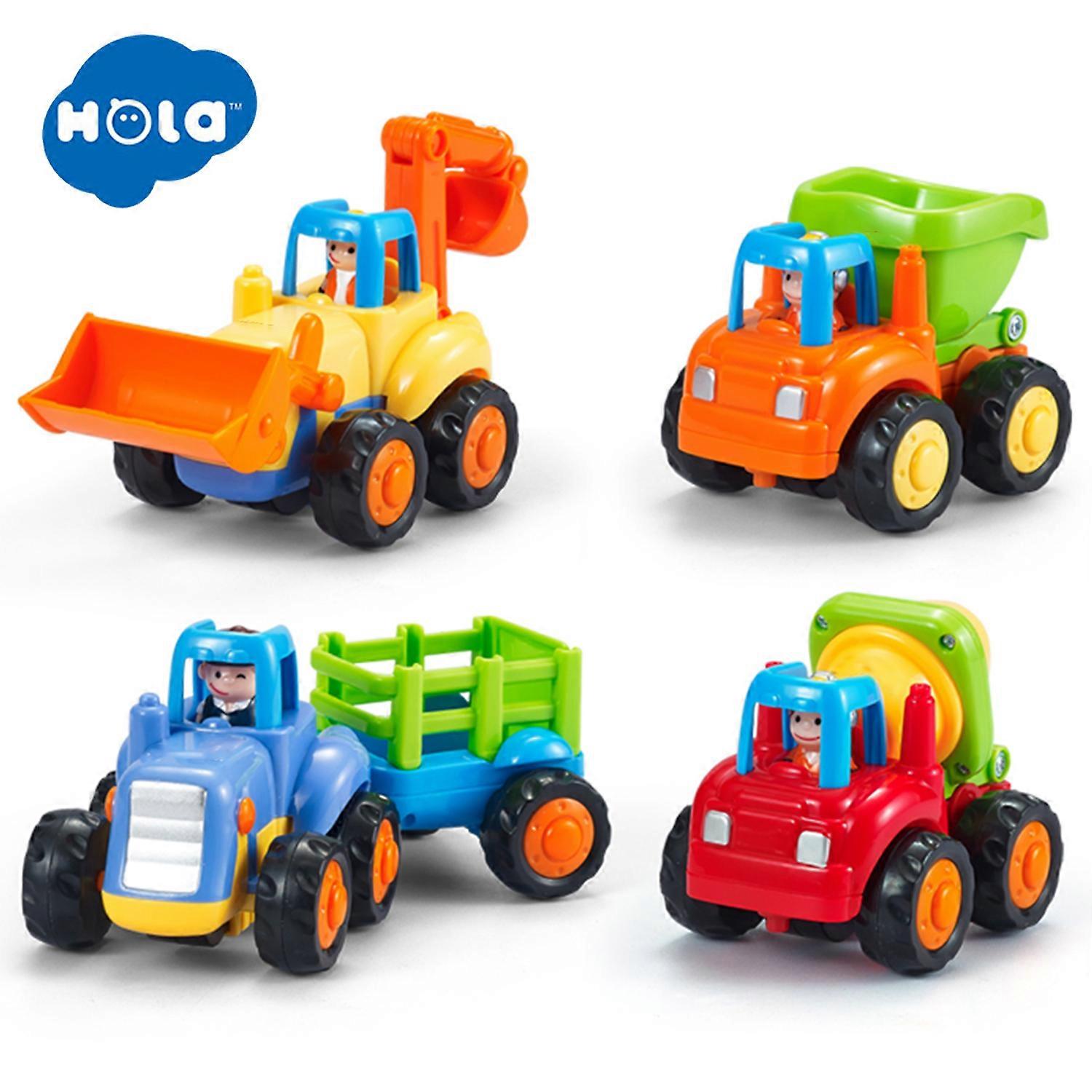 HOLA 4 Pack Friction Powered Cars - Push and Go Toys, vehicule de construcții de tractor, mixer de ciment, buldozer și autobasculantă