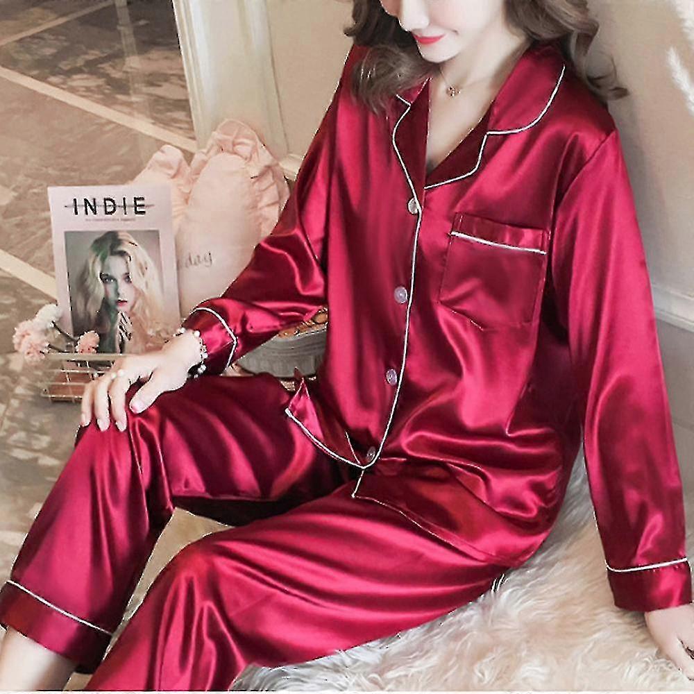 Vrouwen satijn zijde look nachtkleding pyjama lange mouw nachtkleding set