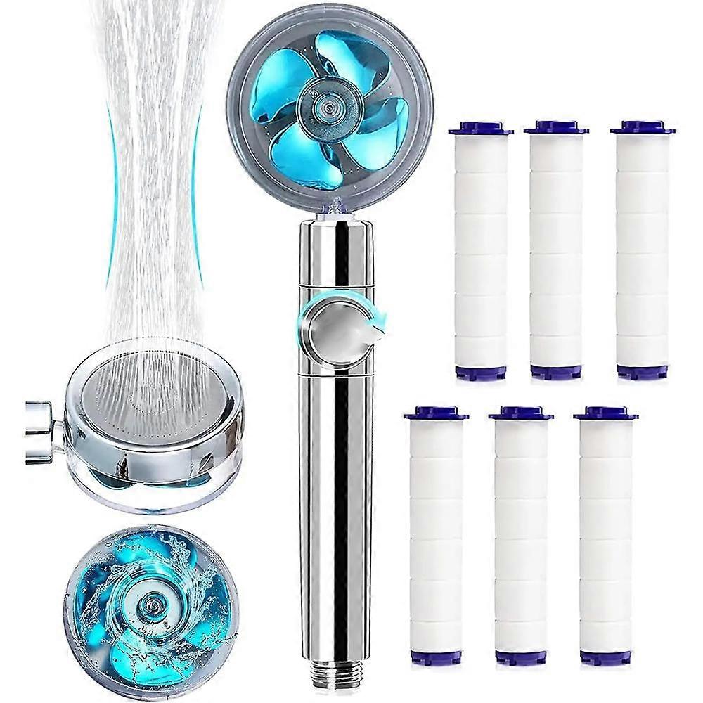 Hand shower, water-saving anti-limestone shower, high pressure propeller shower, three-stage filtration system, with 6 replaceable PP cottons, blue