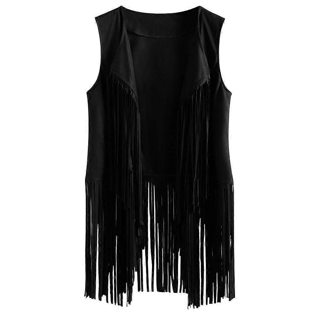 Women's Tassel Sleeveless Vest 70s Hippie Faux Suede Fringe Jacket Cardigan