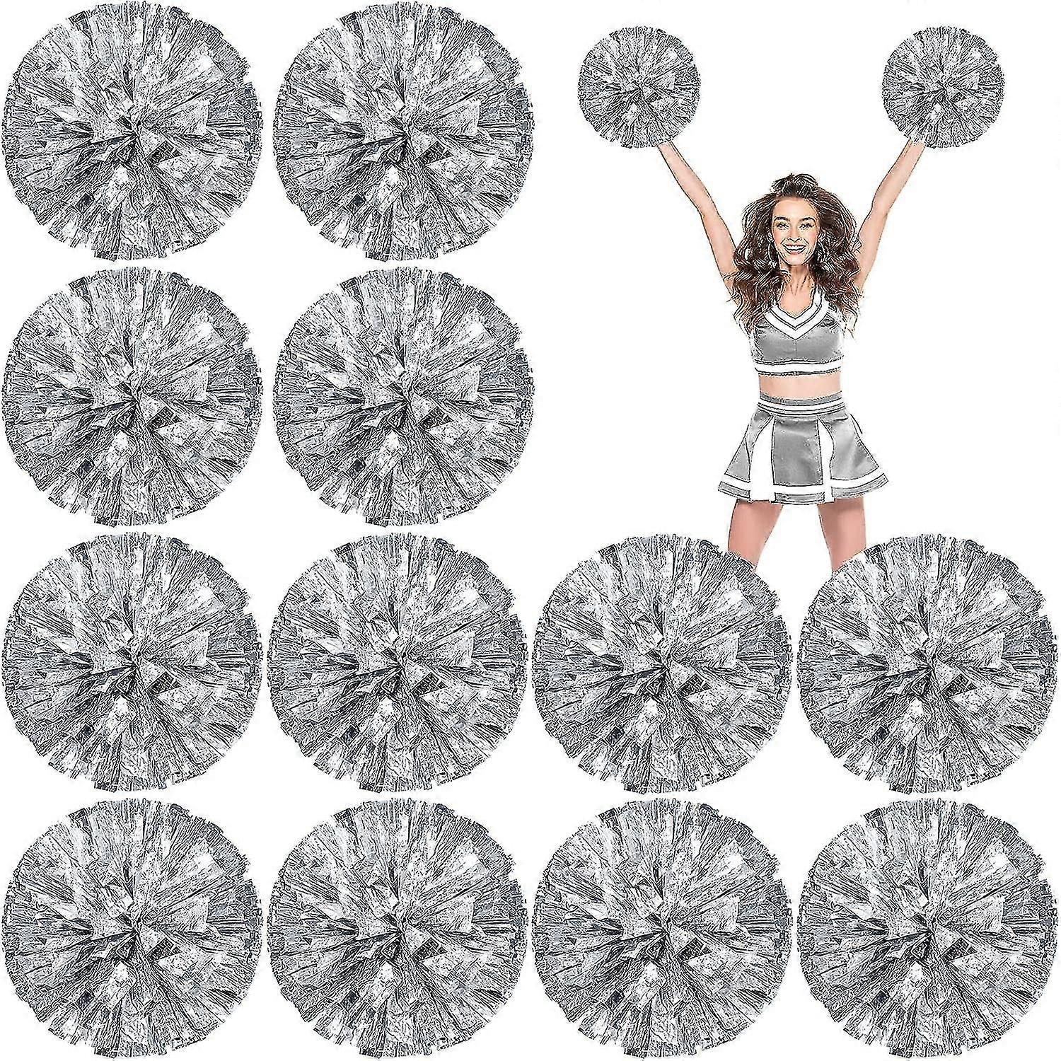 12 Pack Cheerleading Pom Poms, Metallic Foil Pom Poms With Baton Handle Cheer