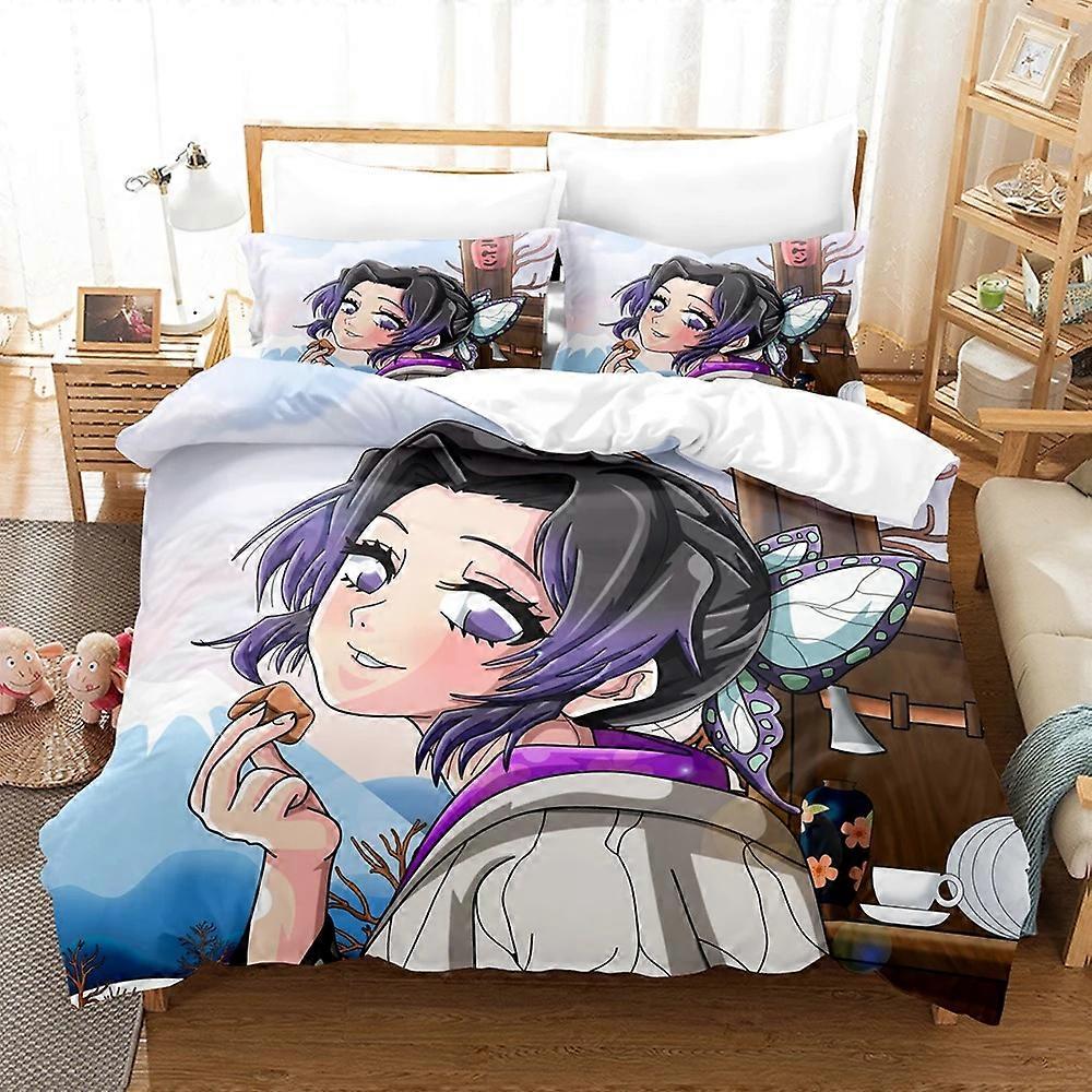 a967 Lençóis Kochou Shinobu Roupa de CamaDemon Slayer Conjunto de Cama Adolescentes Meninos Conjuntos de Capa de Edredão Conjunto de Cama de 3 Peças (1 Capa de Edredão + 2 Fronhas)