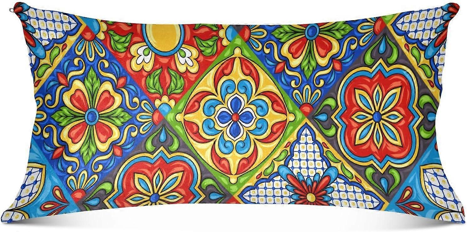 Fronha de Azulejo Mexicano Talavera com Zíper e Corpo Macio com Zíper Capa de Almofada de Veludo para Cama Sofás de Sala de Estar 20x54in