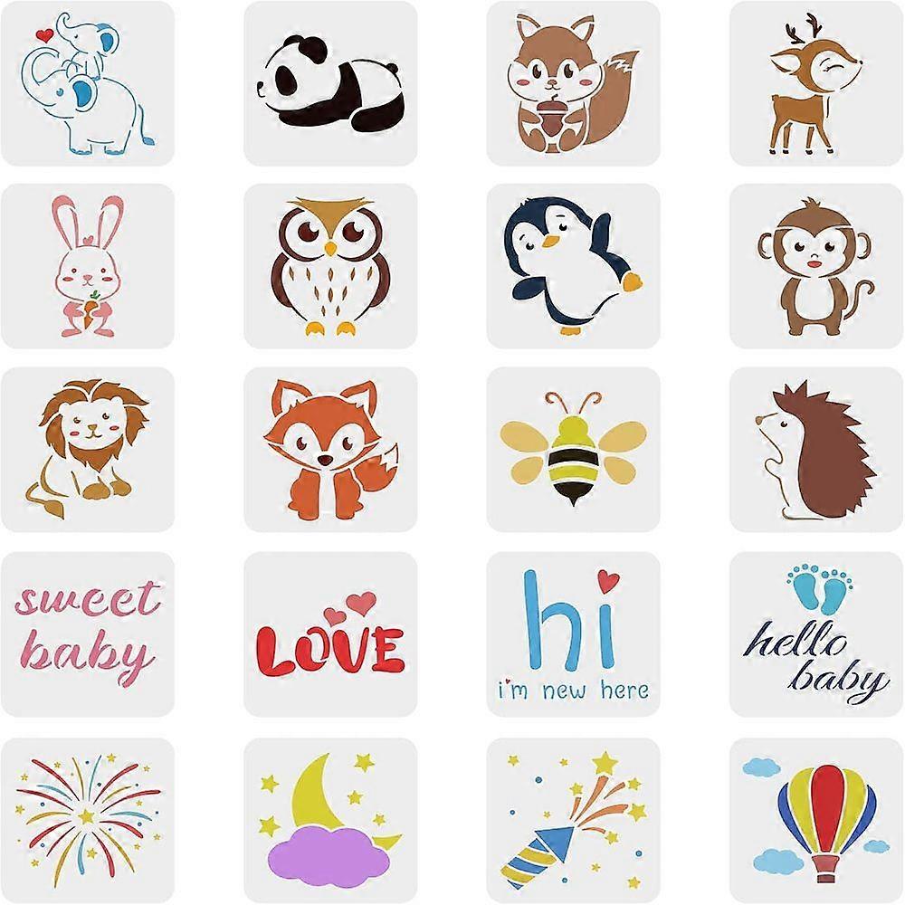 1Set 20 PCS Baby Shower Stencils 15x15cm Elephant Deer Rabbit Monkey Lion Craft Stencils Reusable Firework Moon Stencil Word for Painting on Scrapbook