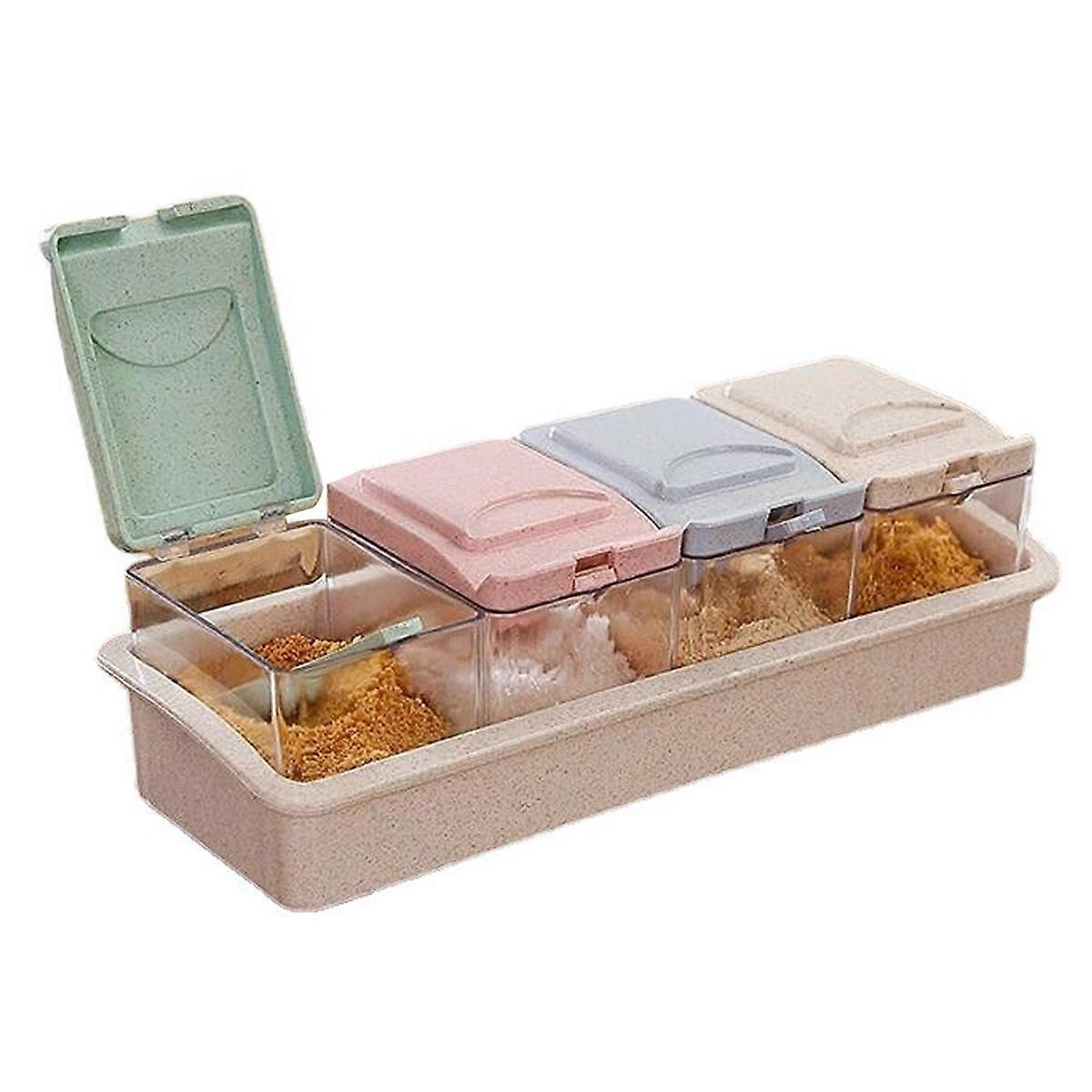 Seasoning Box, Wheat Straw Spices Box Jars Condiment Organizer 4 Grids With 4 Spoons, Creativity Kitchen Storage Salt Pepper Sugar Coffee Container