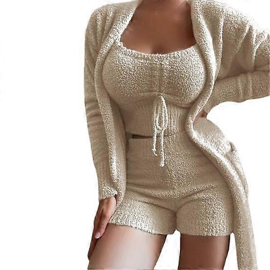 Fashion Women 1 Set Top Shorts Coat Pure Color Plush Three-piece Temperament Thick Sleepwear Set for Sleeping