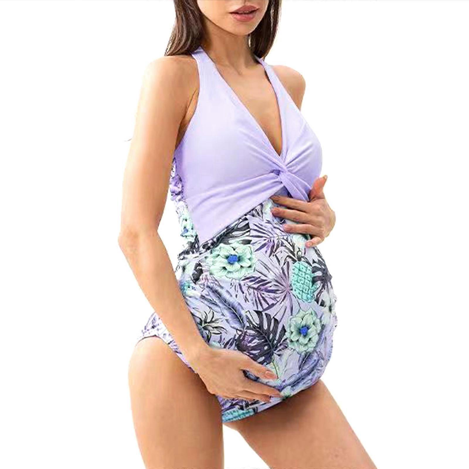 Femmes Front Cross Maillot de Bain Grossesse Maillot de Bain Une Pièce Maternité Maillots de Bain Col V Profond Maillots de bain Cravate Dos Bikinis de Maternité Violet XL