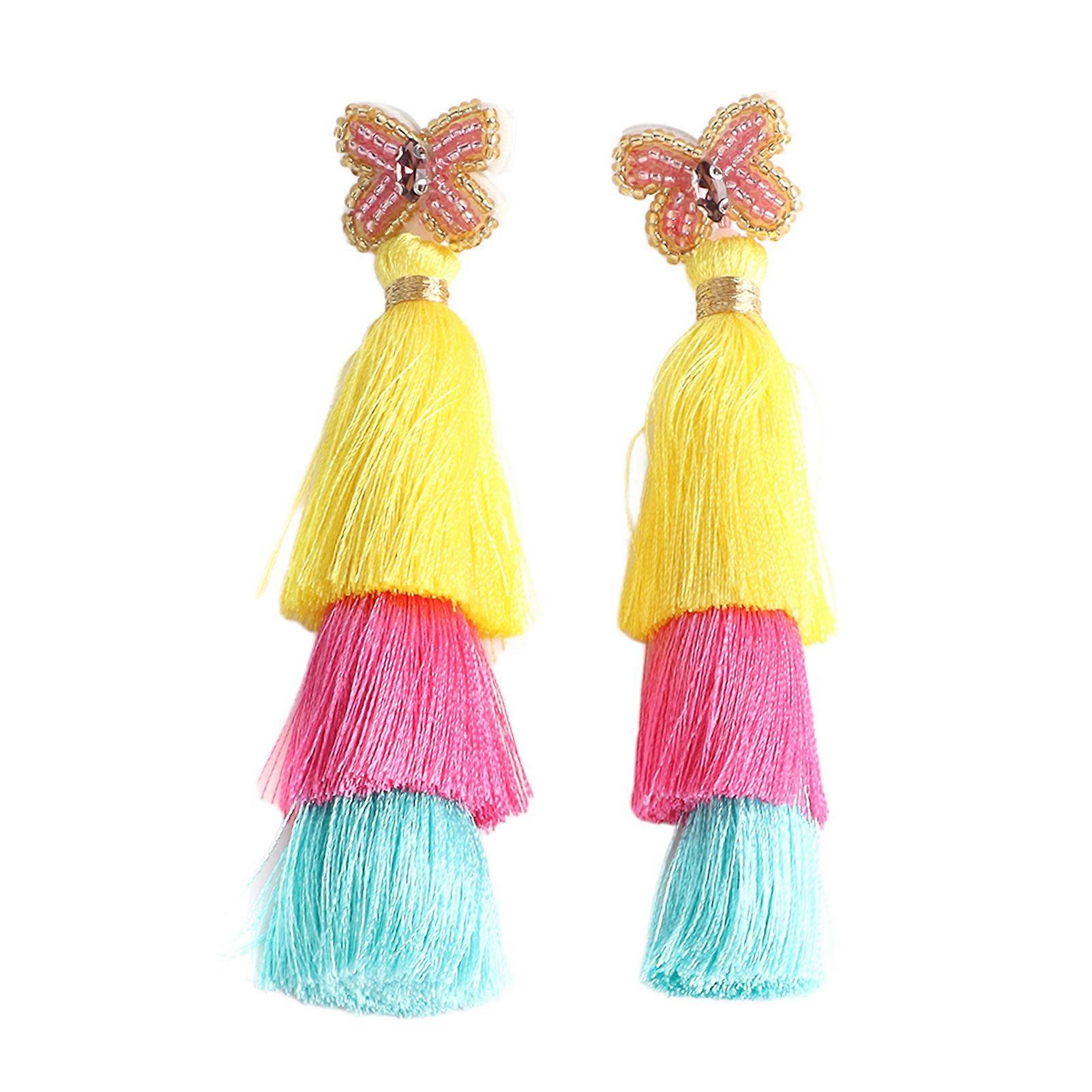 Boho Tofs Kvinnor Vintage Handgjorda Färgglada Skiktade Tofs Örhängen För Födelsedag Semesterfest