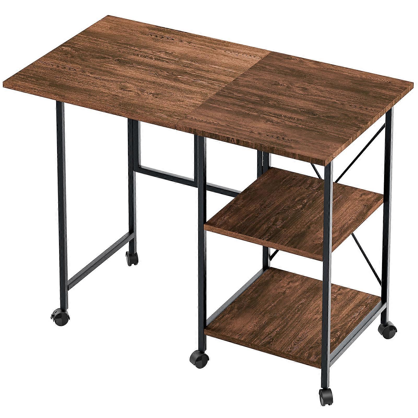 Foldable Office Desk with Bookshelf, Rolling Computer Desk with Casters, Home Laptop Table