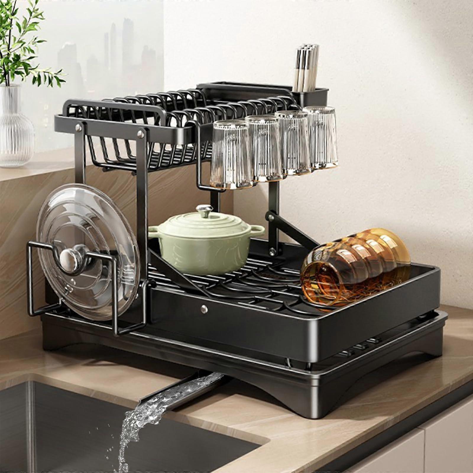Extendable Stainless Steel Detachable 2-Tier Large-Capacity Black Dish Drying Rack for Kitchen Counter