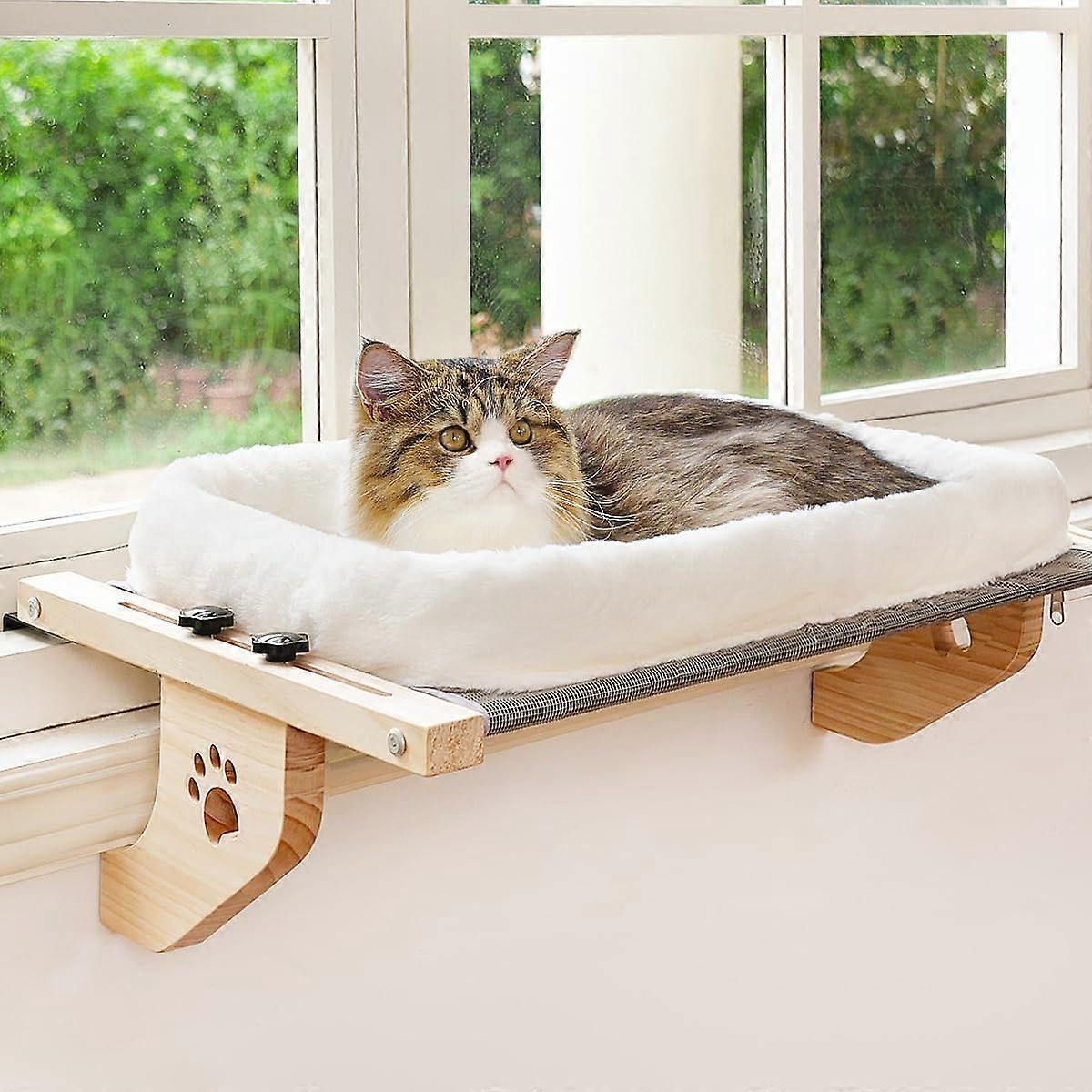 Cat Window Perch Sturdy Hammock Seat with Cushion Cover, Wood and Metal Frame for Large Cats