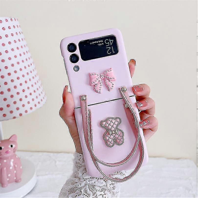 3d Bow Bear Case Compatible Samsung Galaxy Z Flip 4 5g With Bracelet Strap Folding Shockproof Back Cover