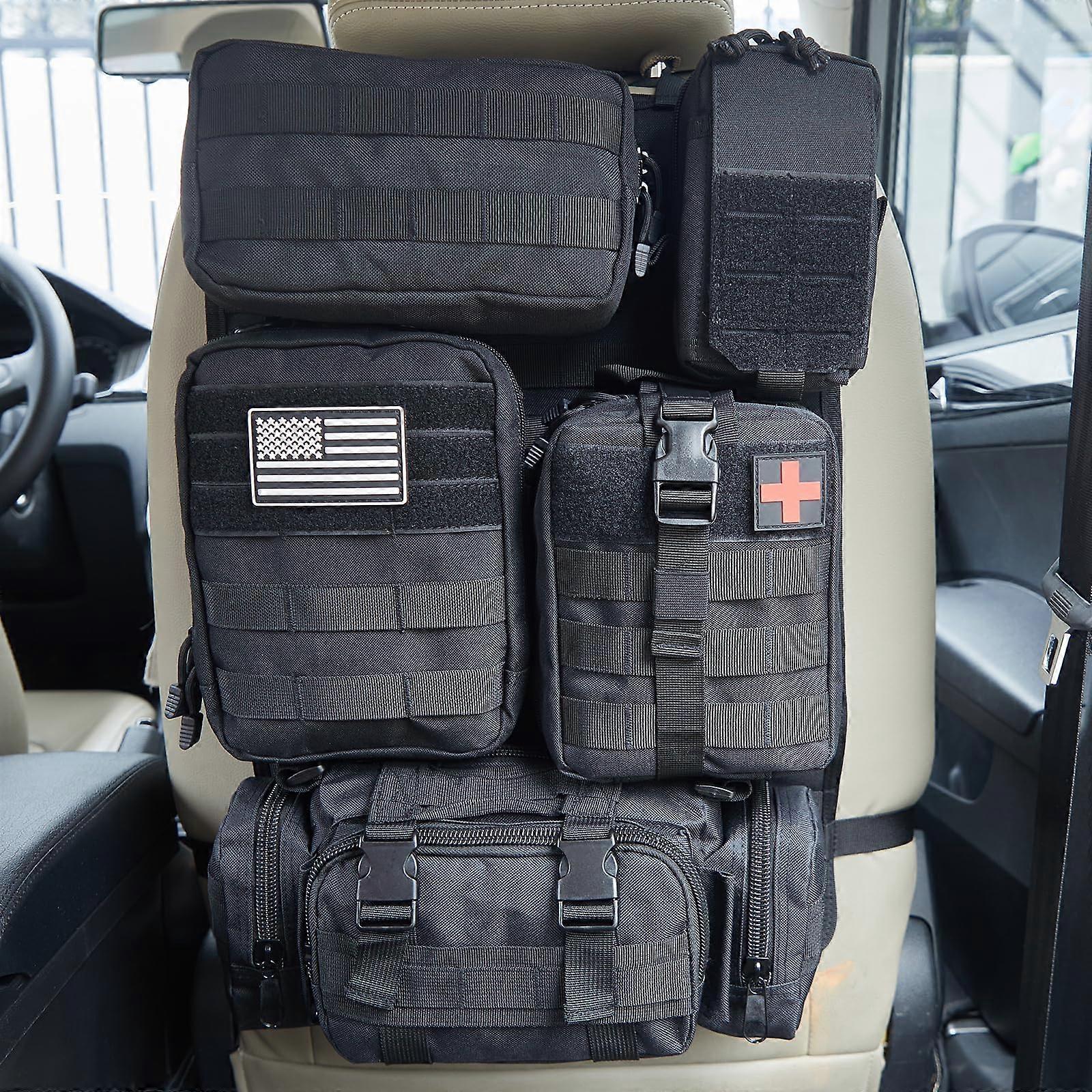 Universal Tactical Car Seat Back Organizer Bag with 5 Different Size Molle Pouches (A styleBlack)