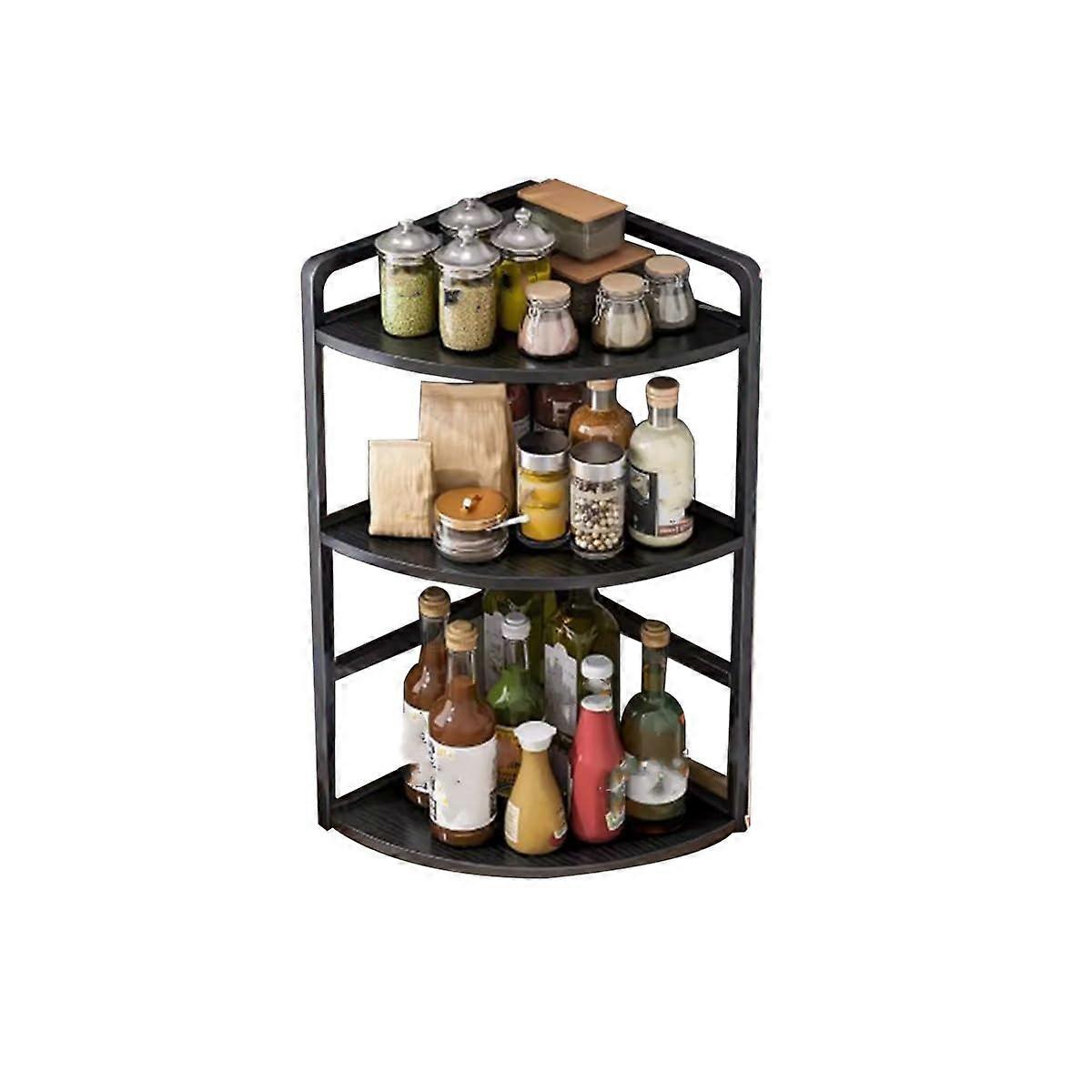 Spice Rack for Countertop Steel and Wooden Three-Tier Corner Storage Shelf - Large Kitchen Organizer Unit