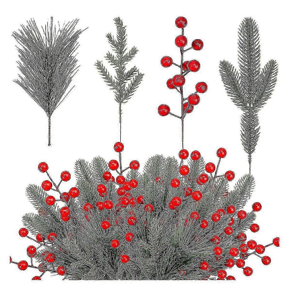 100 Pieces Artificial Pine Needles Branches And Artificial Red Berry Stems Greenery Pine Picks Chri