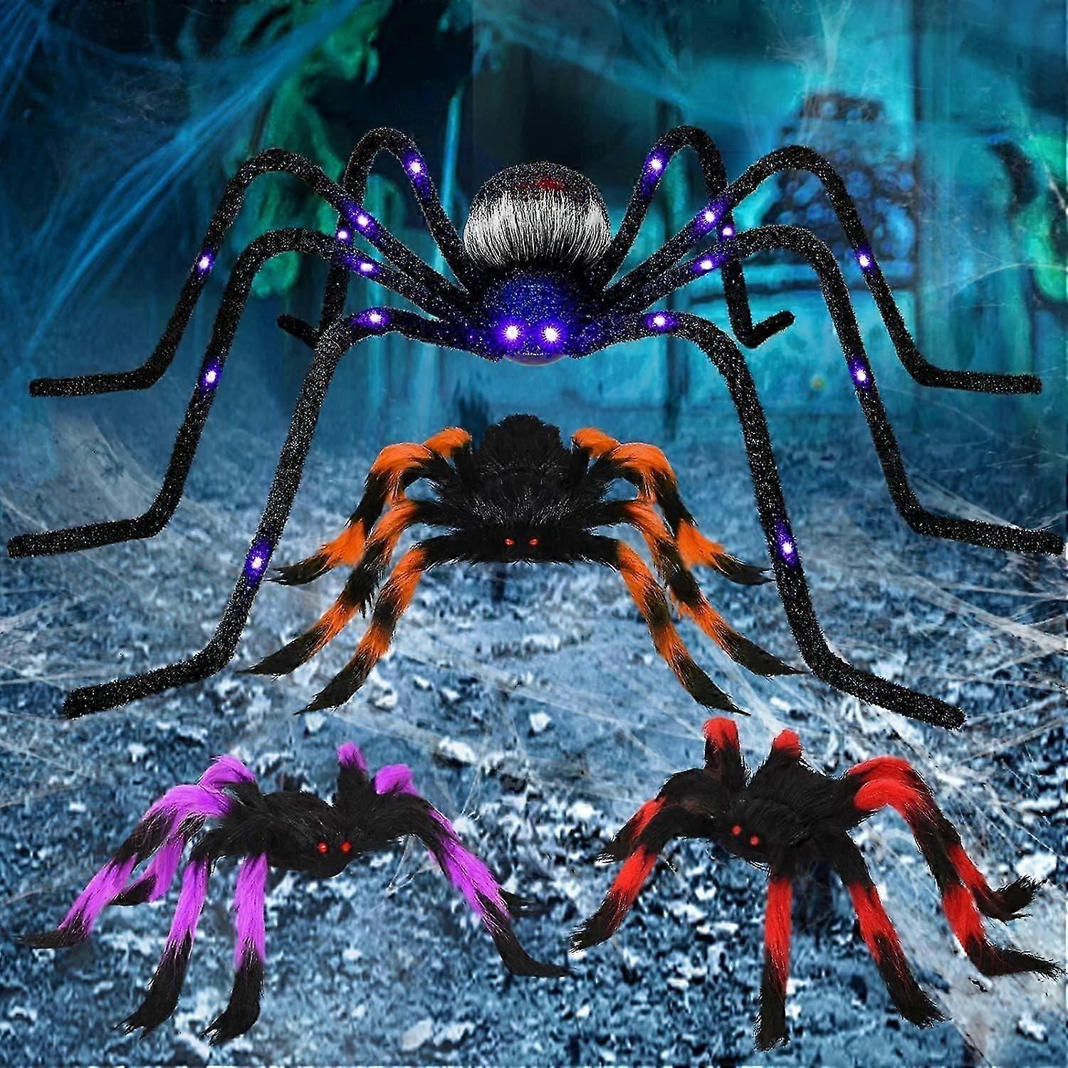 4 Pack Halloween Spider, 4ft Giant Spider And Colorful Hairy Spider With Red Eyes, Large Light Up Spider With Color Changing Leds Halloween Decoration