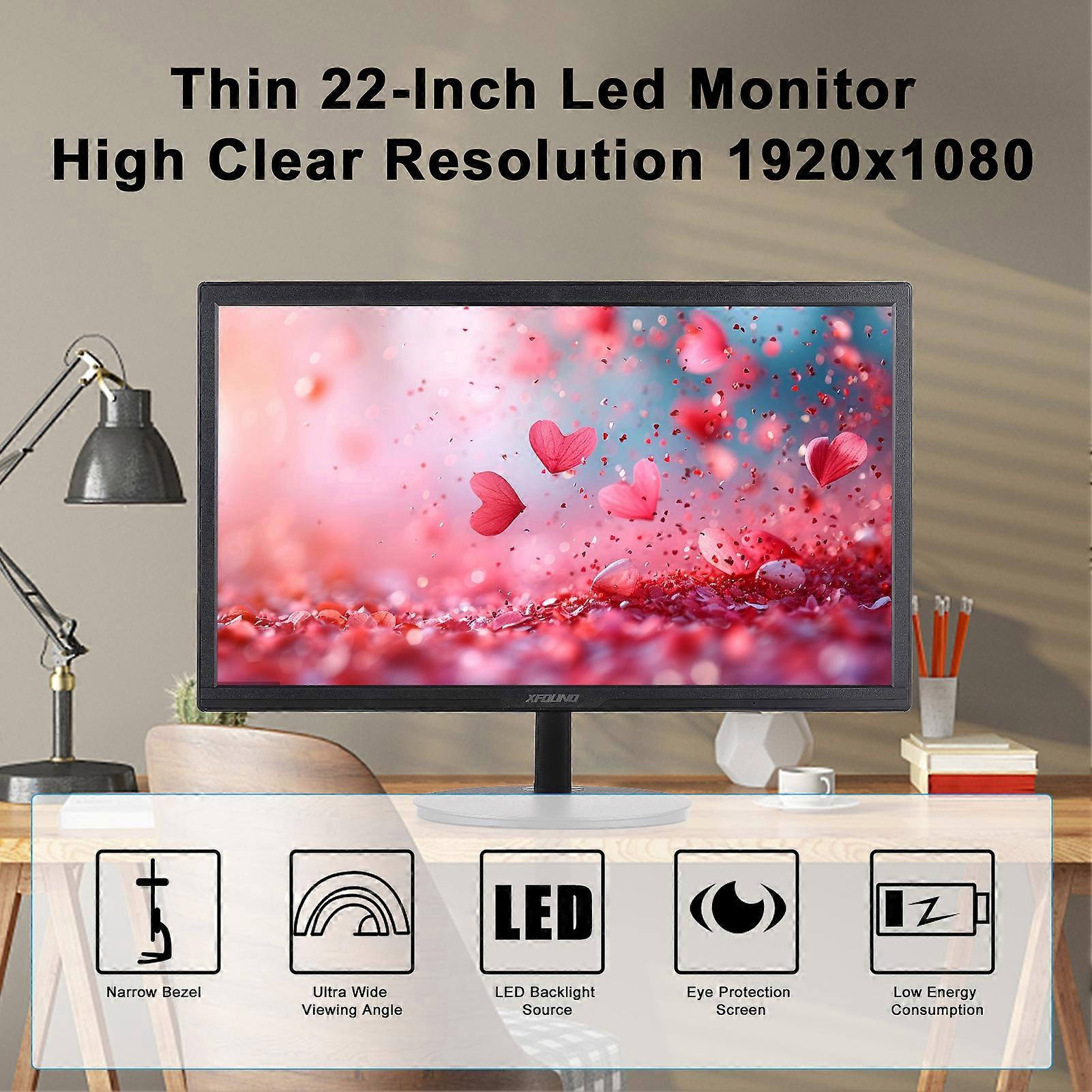 Ultra Thin LED Monitor 22in High Clear 16:9 300cd/m2 Compatible with HDMI Eye Care Desktop Monitor with 1920x1080 Resolution 75HZ 1ms Response Time V