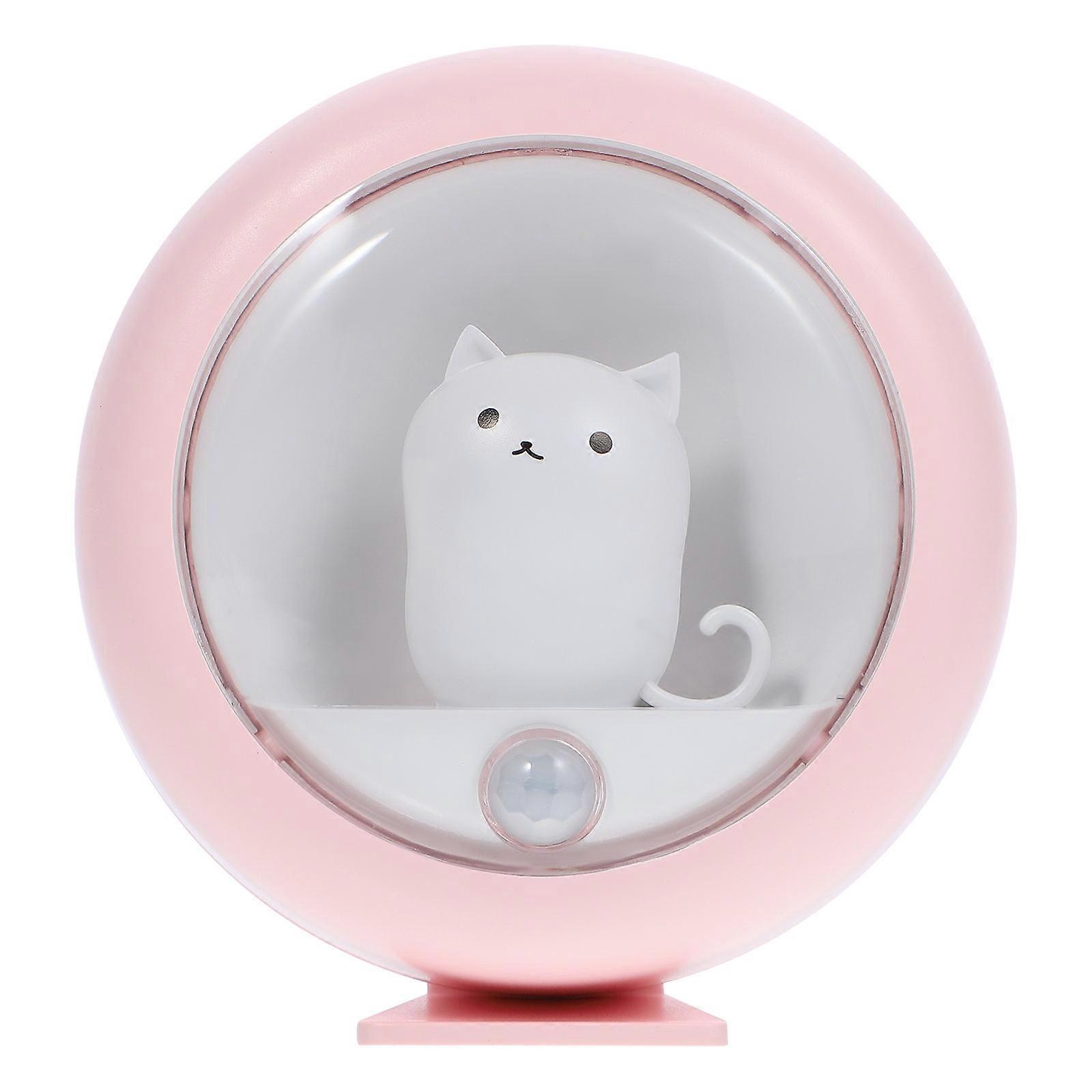 Automatic Night Light Motion Sensor Cat Shape Simple Design Pink 7.9X7.9X3.3CM Protect Eyes Gentle Light 1Set