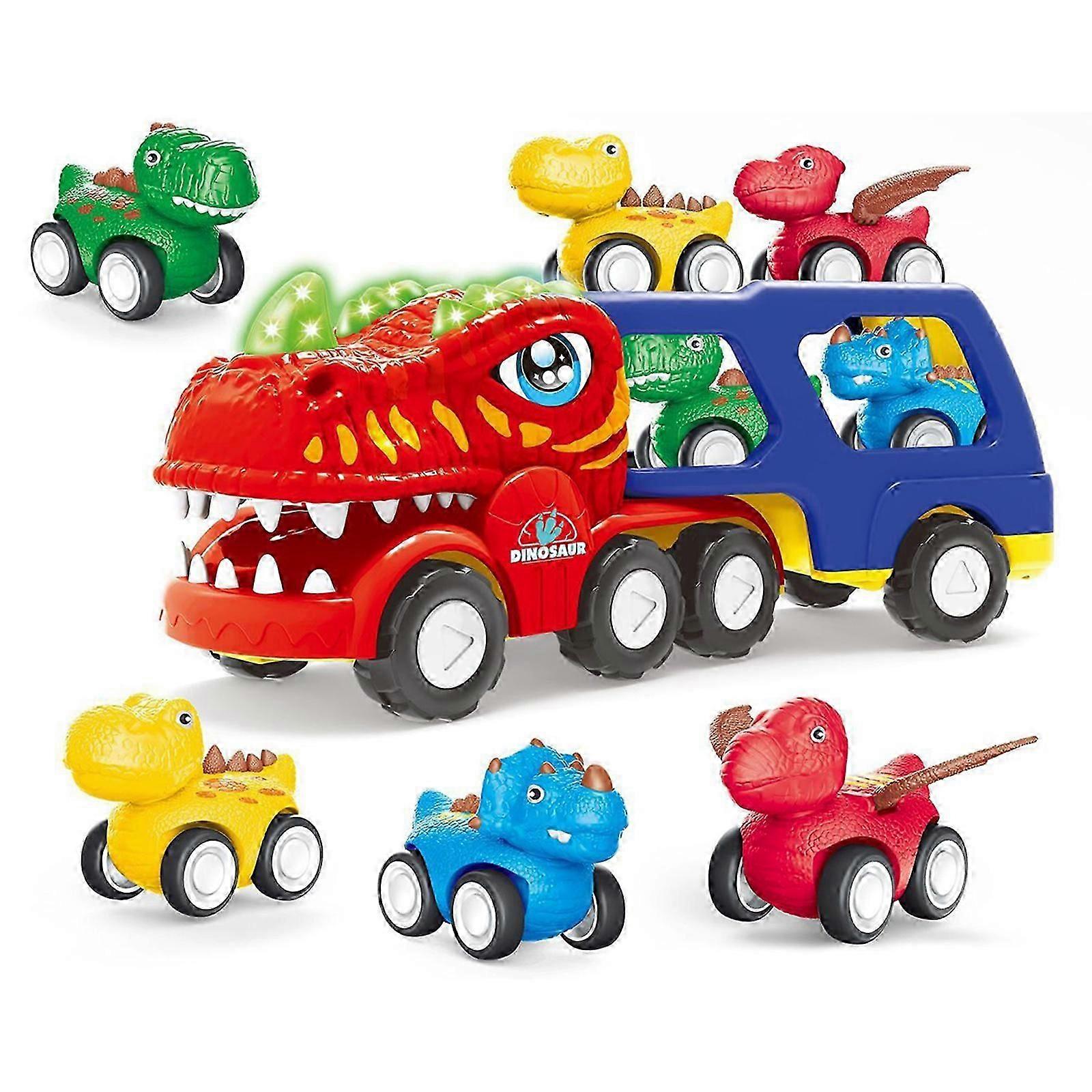Dinosaur Toy Truck Set with Sound and Light - Friction Powered Transport Car with Spray Mini Dinosaur Pull Back Vehicles