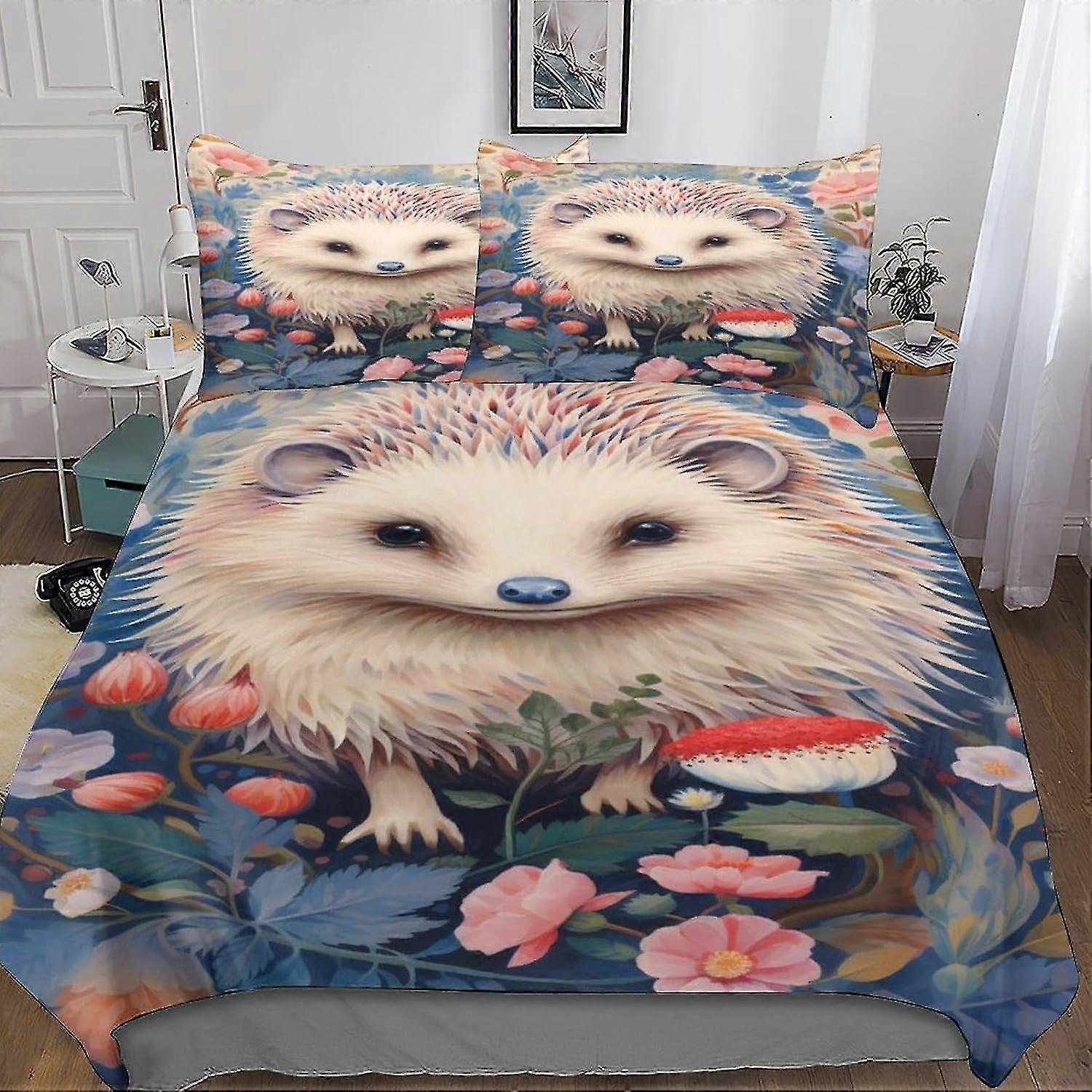 Hedgehog Duvet Cover Bedding Set, 3D Thornball Quilt Cover with Pillowcases, for Soft Microfiber with Zipper Closure, 3 Piece Set