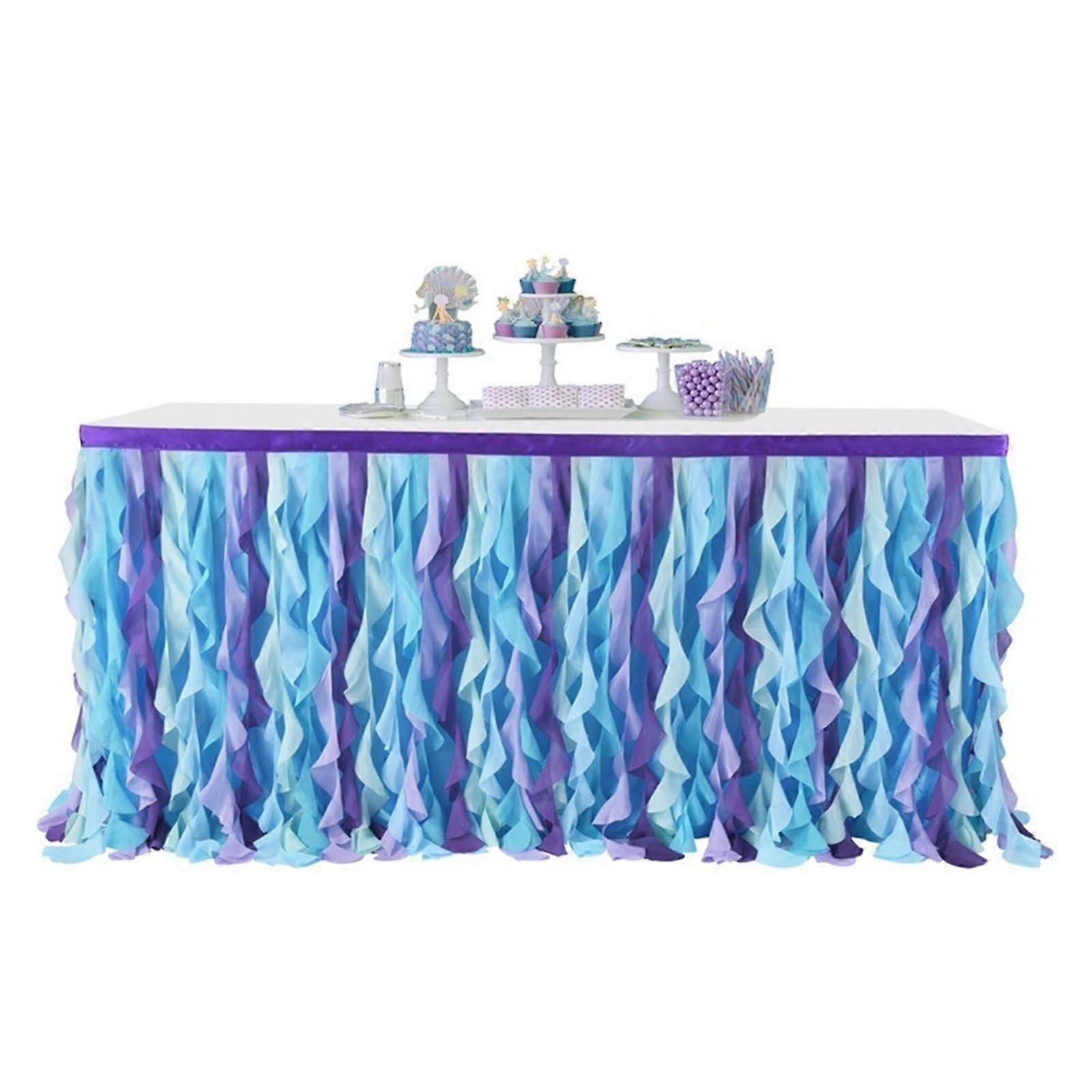 6foot pink tulle table skirt for rectangular or round tables, rainbow curly willow unicorn table skirt for shower birthday decoration (Mermaid Theme)