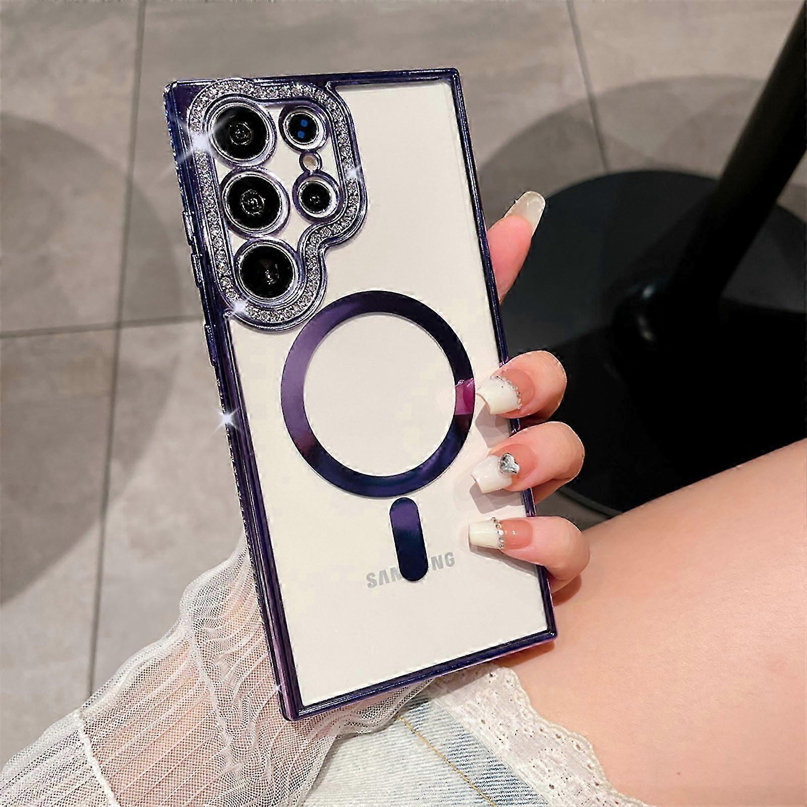 Glitter Galaxy S24 Ultra Magnetic Case, Cute Luxury Plating Bling Rhinestones Soft Clear TPU Thin Lightweight Compatible with MagSafe Case