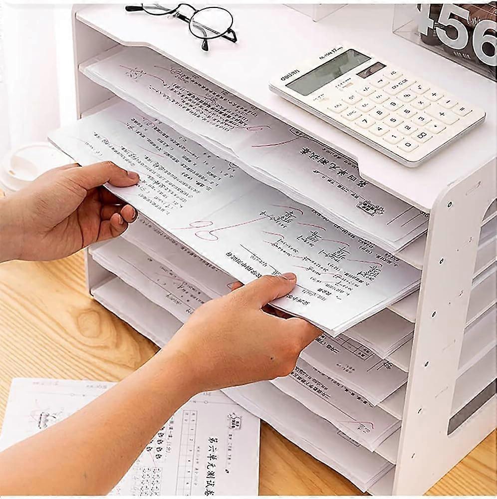 Large Desk Organiser for School and Office, White Wooden Desk Organiser with A3 Paper Tray and Magazine Storage Compartments