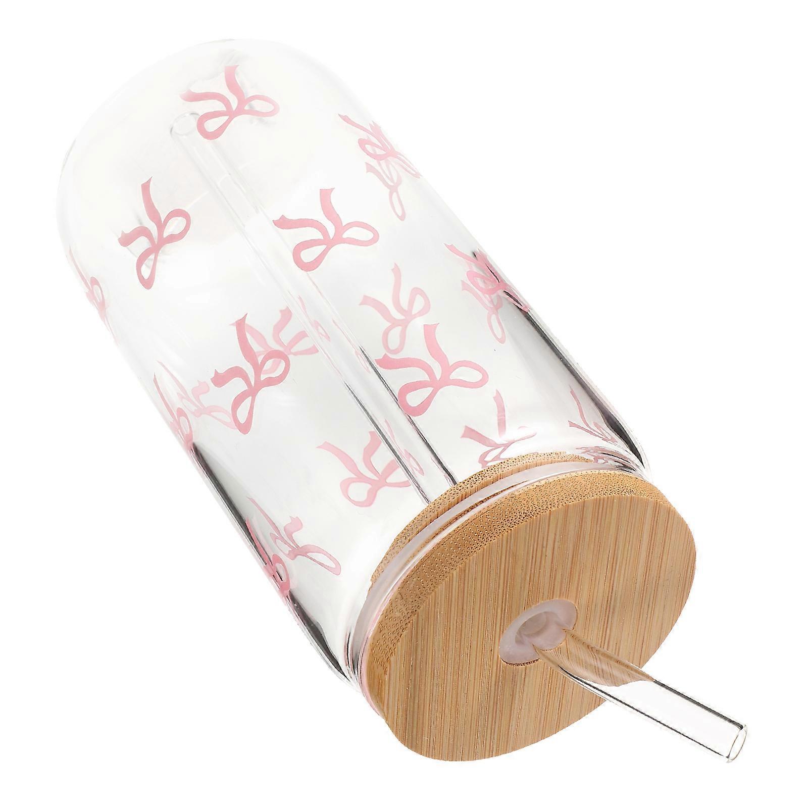 Large Capacity Glass Cup with Pink Bow Lid and Reusable Straw for Juice, Smoothies, and Iced Coffee – Party Tumbler for Adults